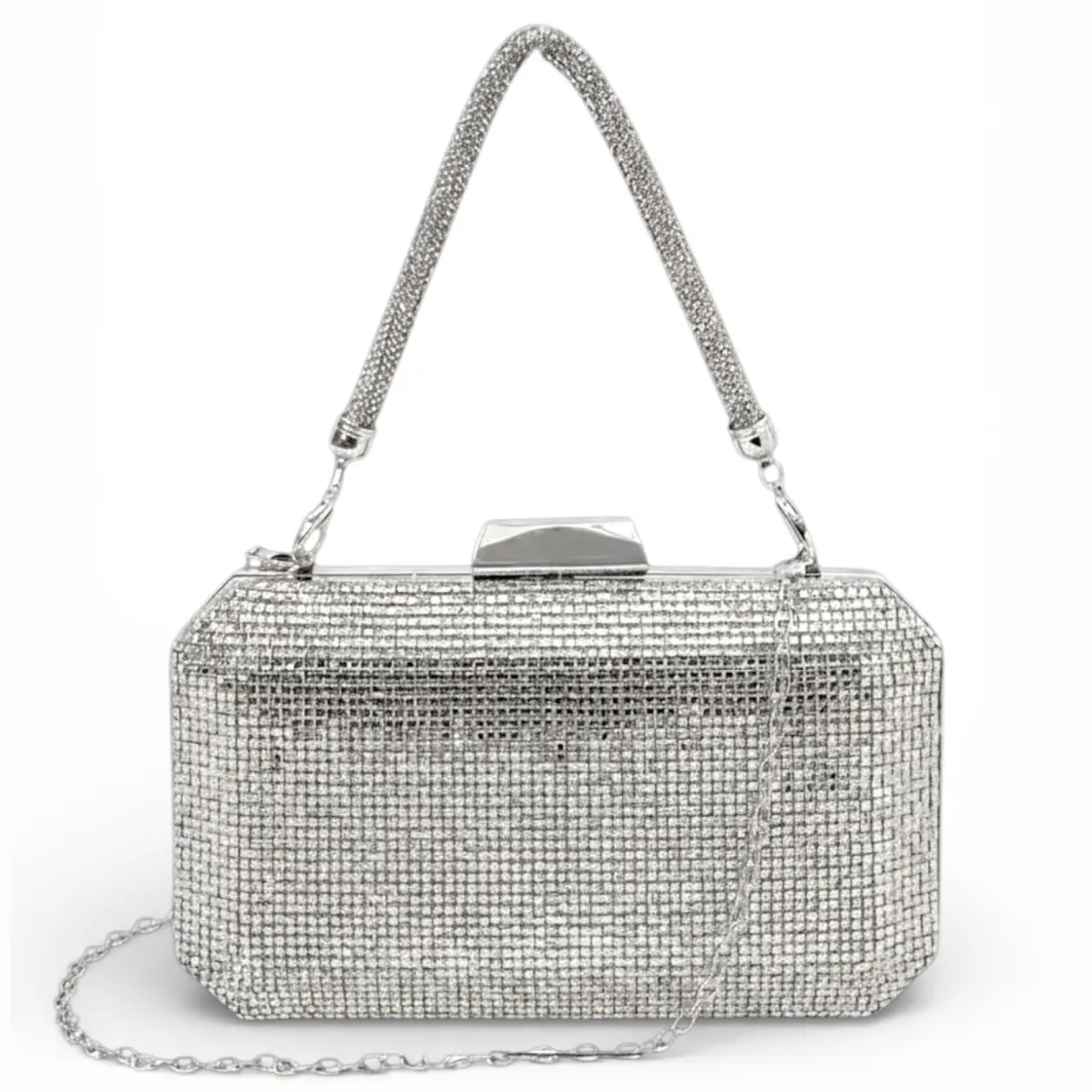 Elegant convertible evening clutch bag with rhinestone embellishments and top handle, featuring a stylish box design.