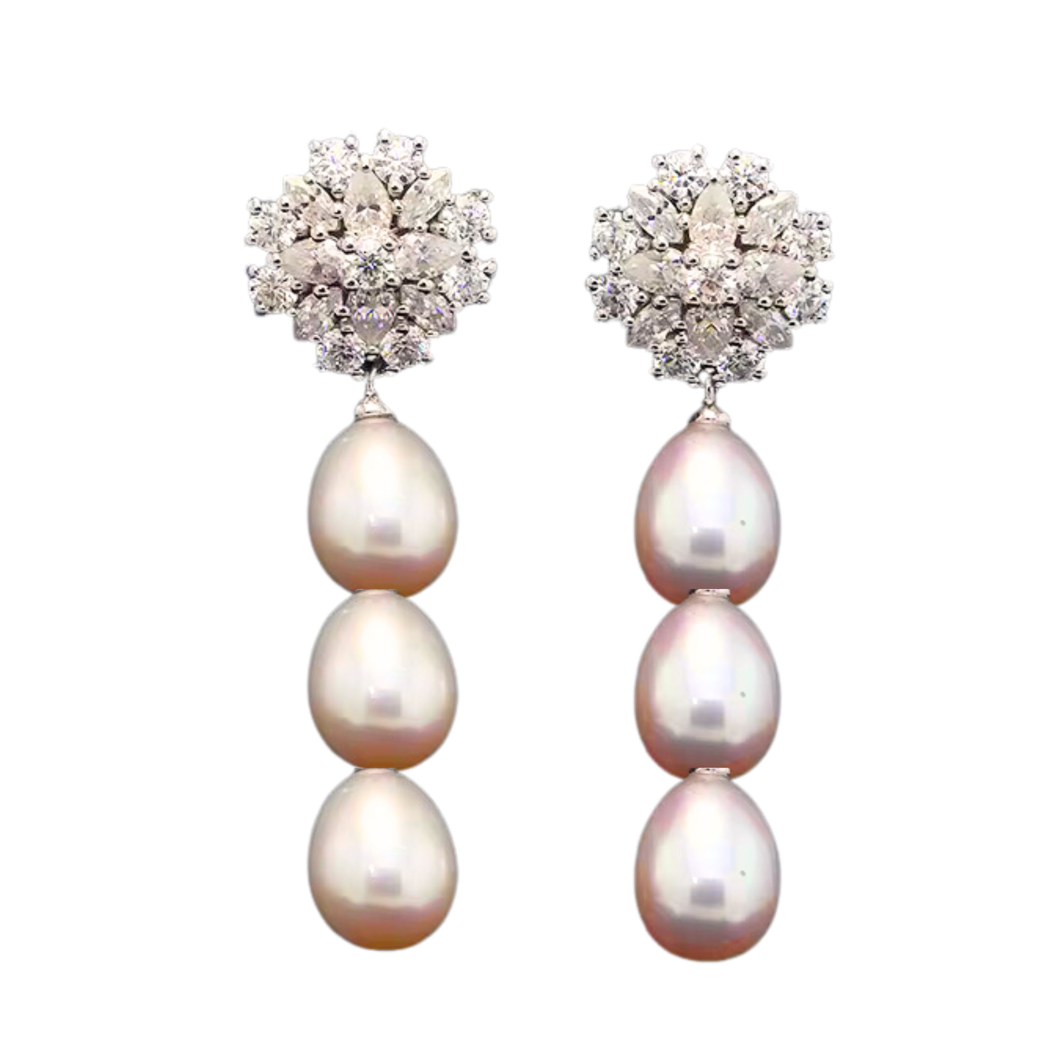 Triple pearl and diamond drop earrings