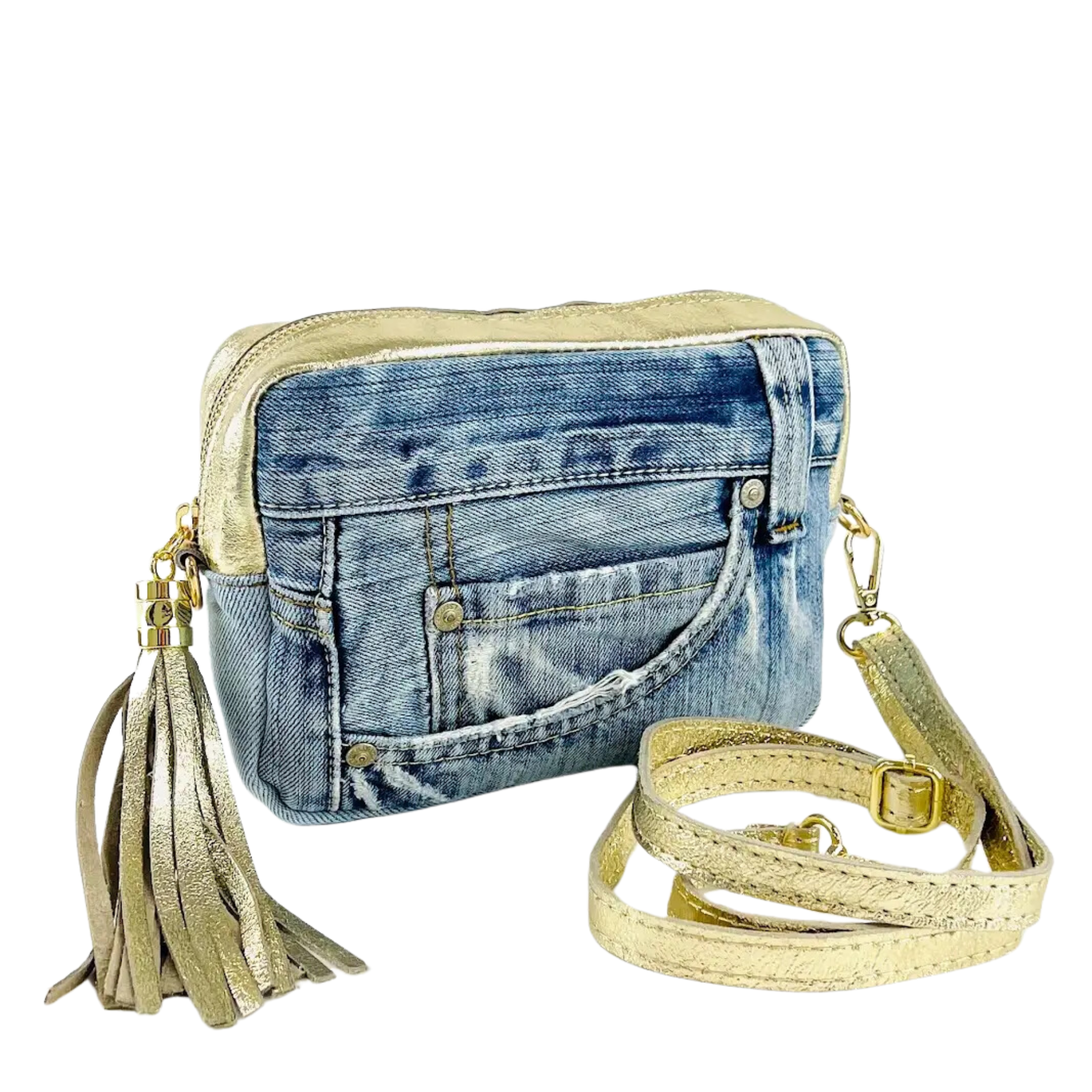 Paris Denim Leather Match Laminato Crossbody Bag