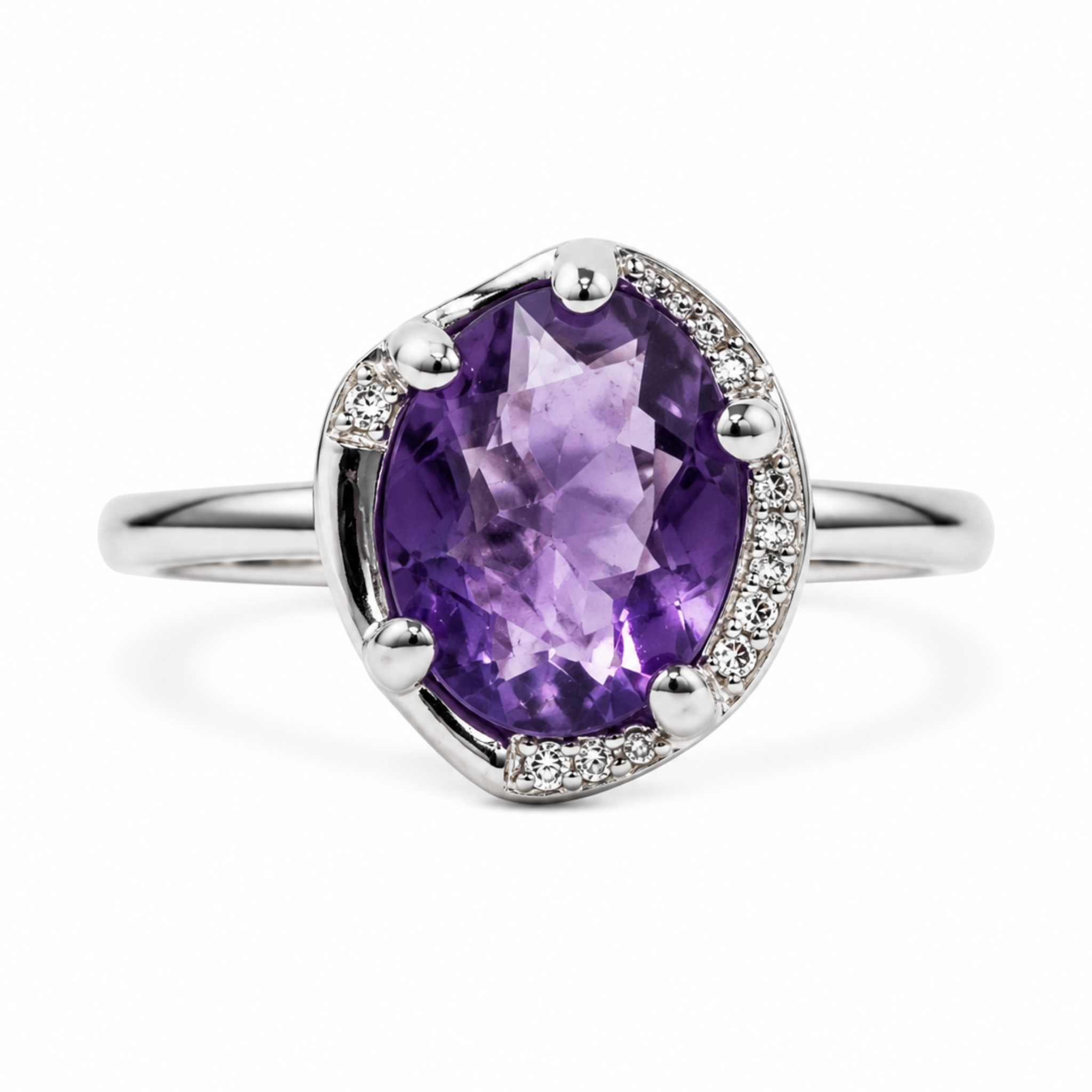 Silver oval gemstone crystal adjustable ring with a sleek design, featuring a sparkling gemstone in a modern jewelry style.