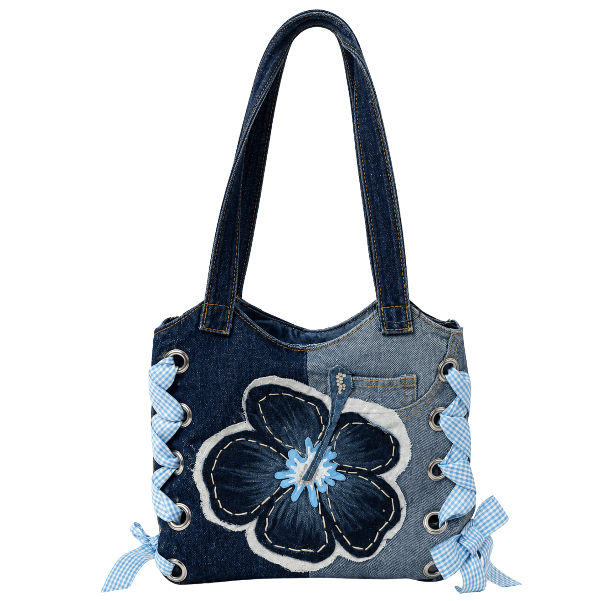 Hand-Made Two Toned Floral- Denim Bag