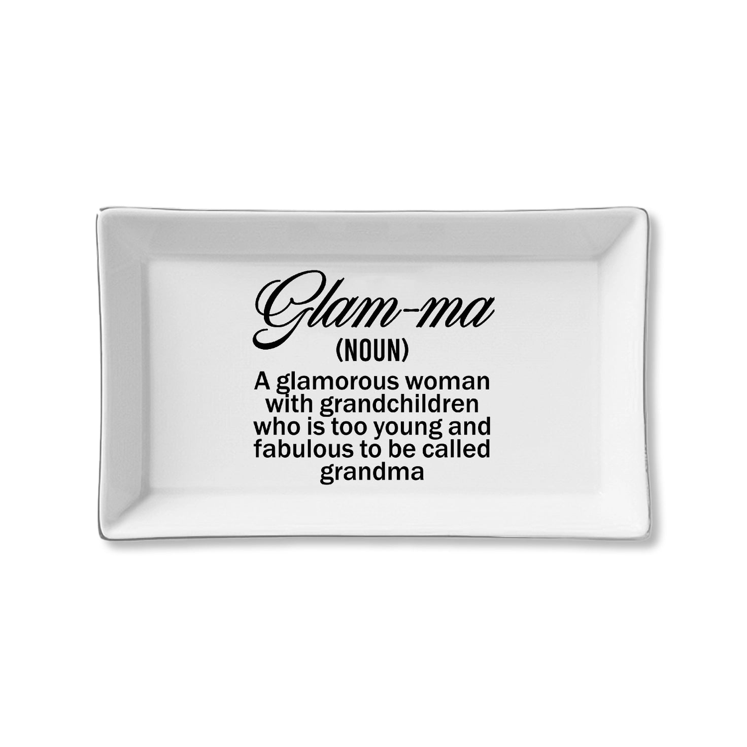 White rectangular tray with black text definition of 'Glam-ma' on a white background