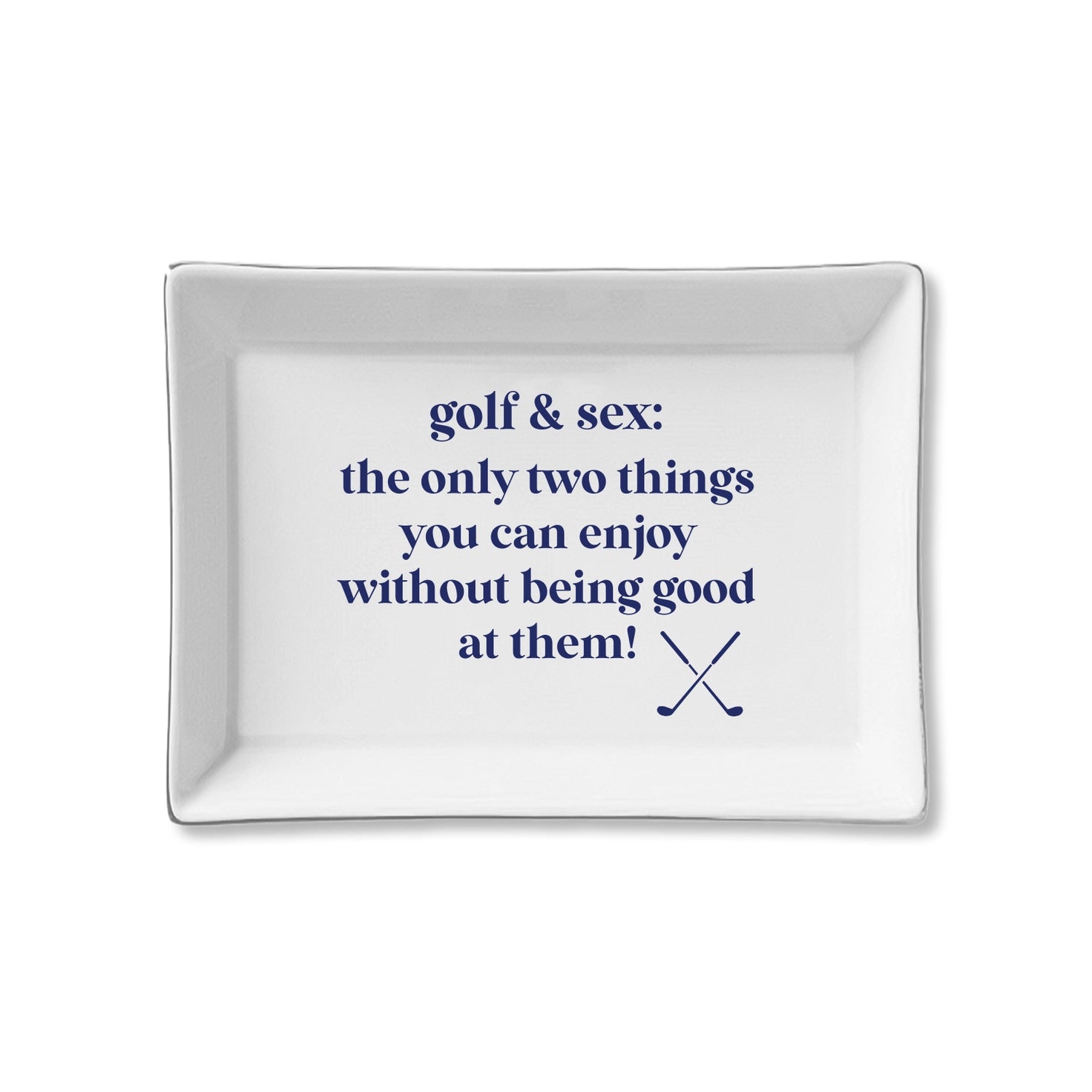 White tray with blue text and golf club icon on a white background