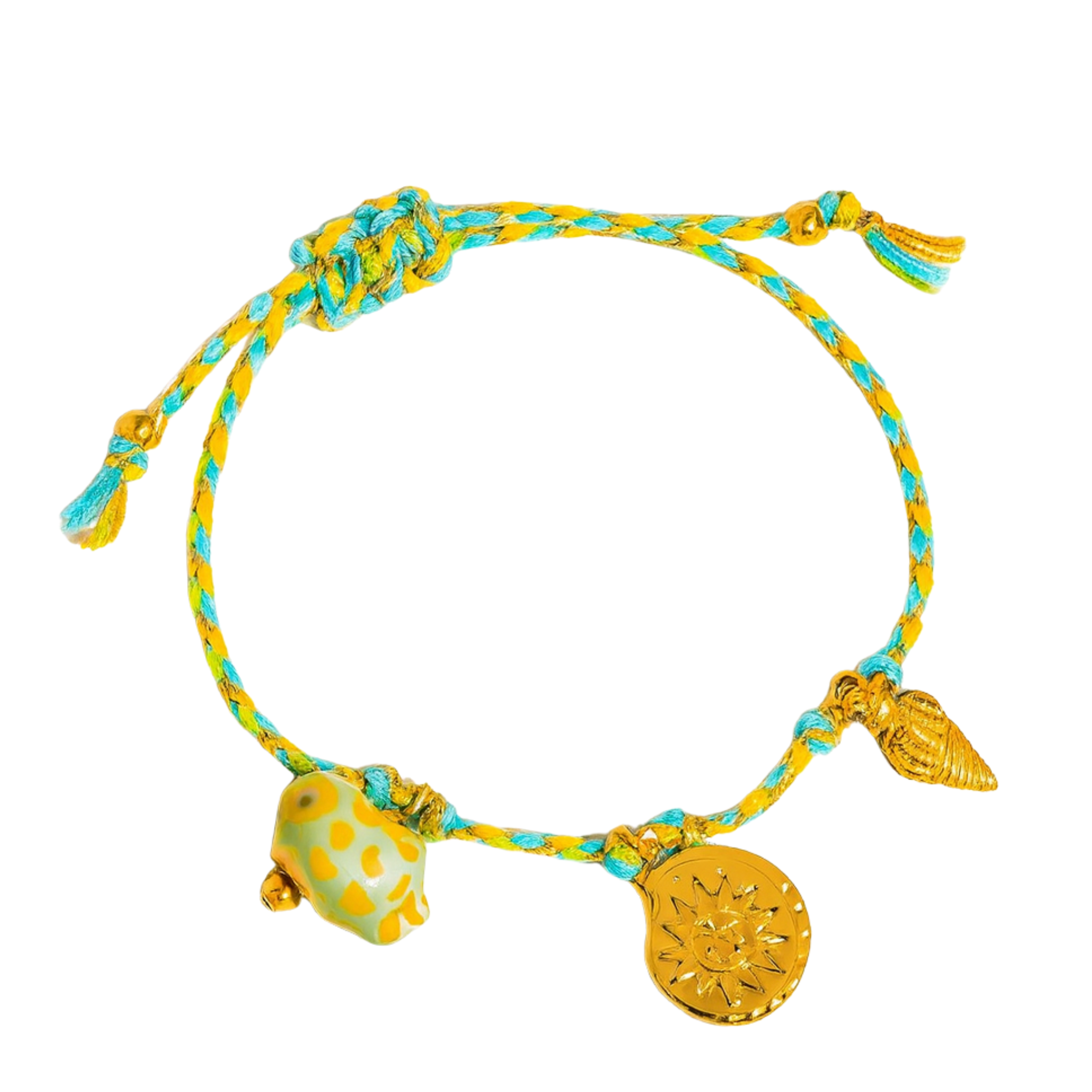 Yellow and blue braided bracelet with charms on a white background