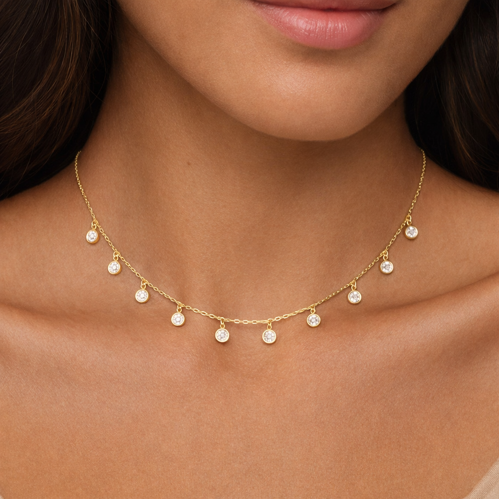 Gold CZ Circle Droplet Necklace - Sterling Silver 925