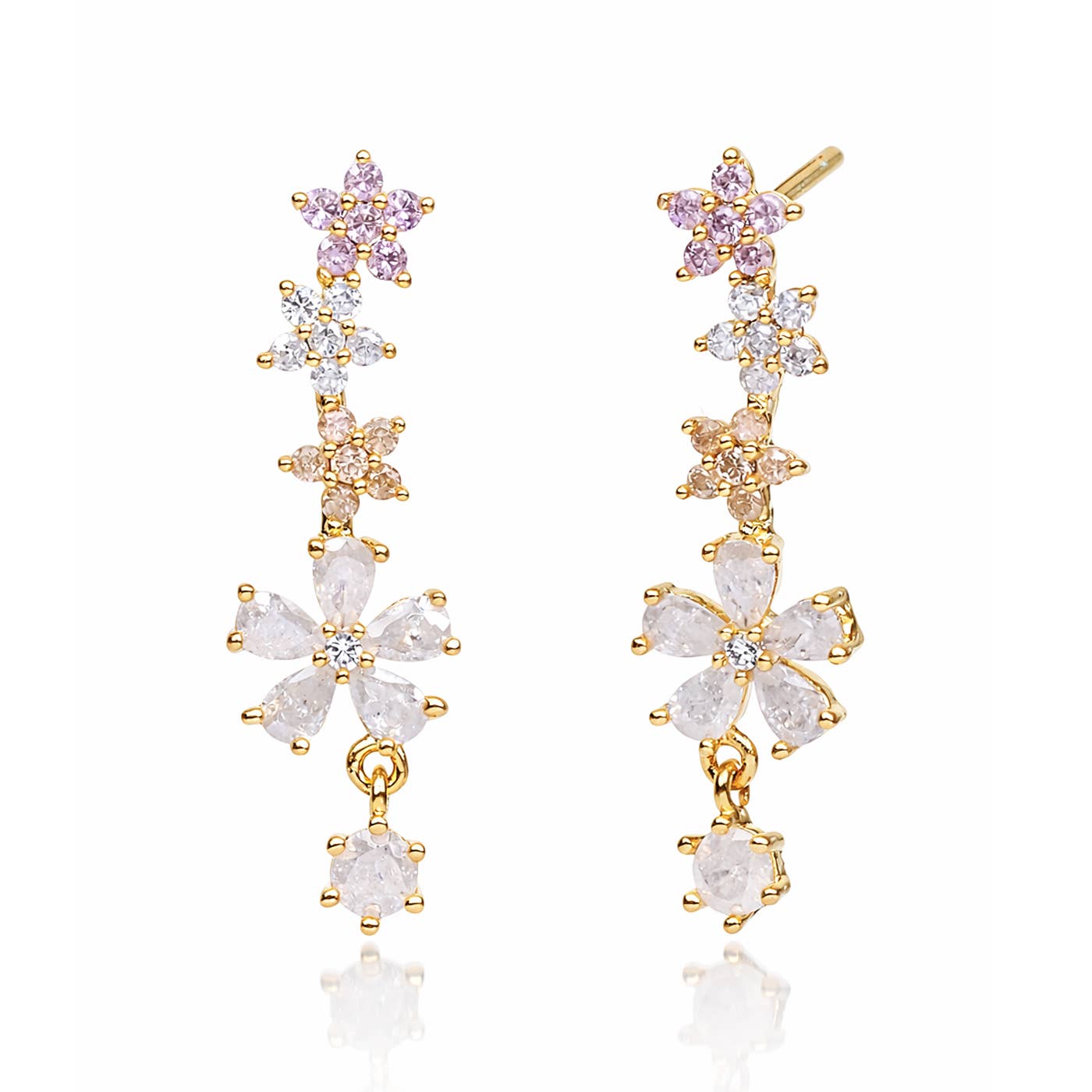 Pastel multi-flower and CZ hanging stud earrings by Tai Jewelry, featuring colorful floral and sparkling cubic zirconia details.