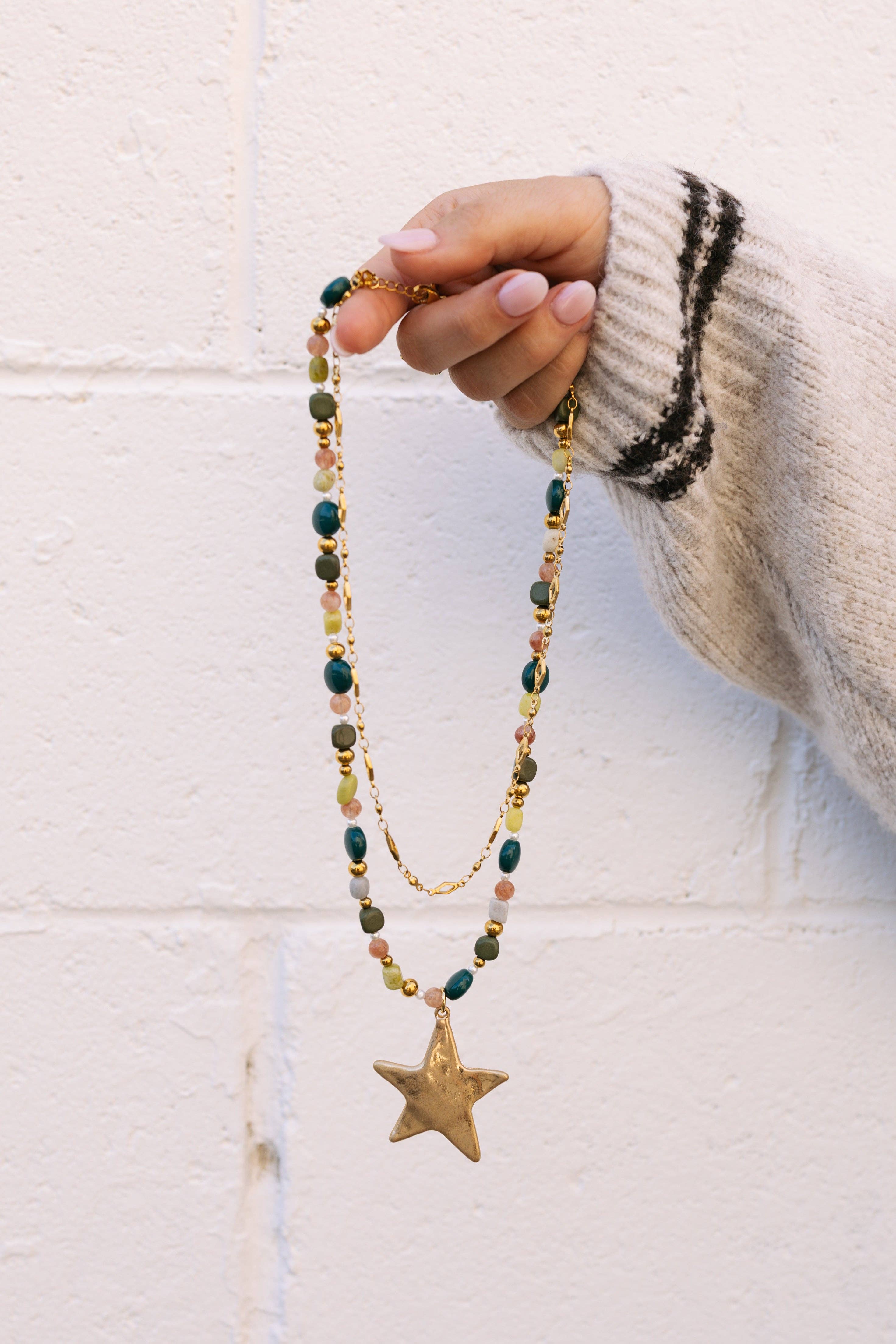 Ziggy Star Layered Necklace - Green