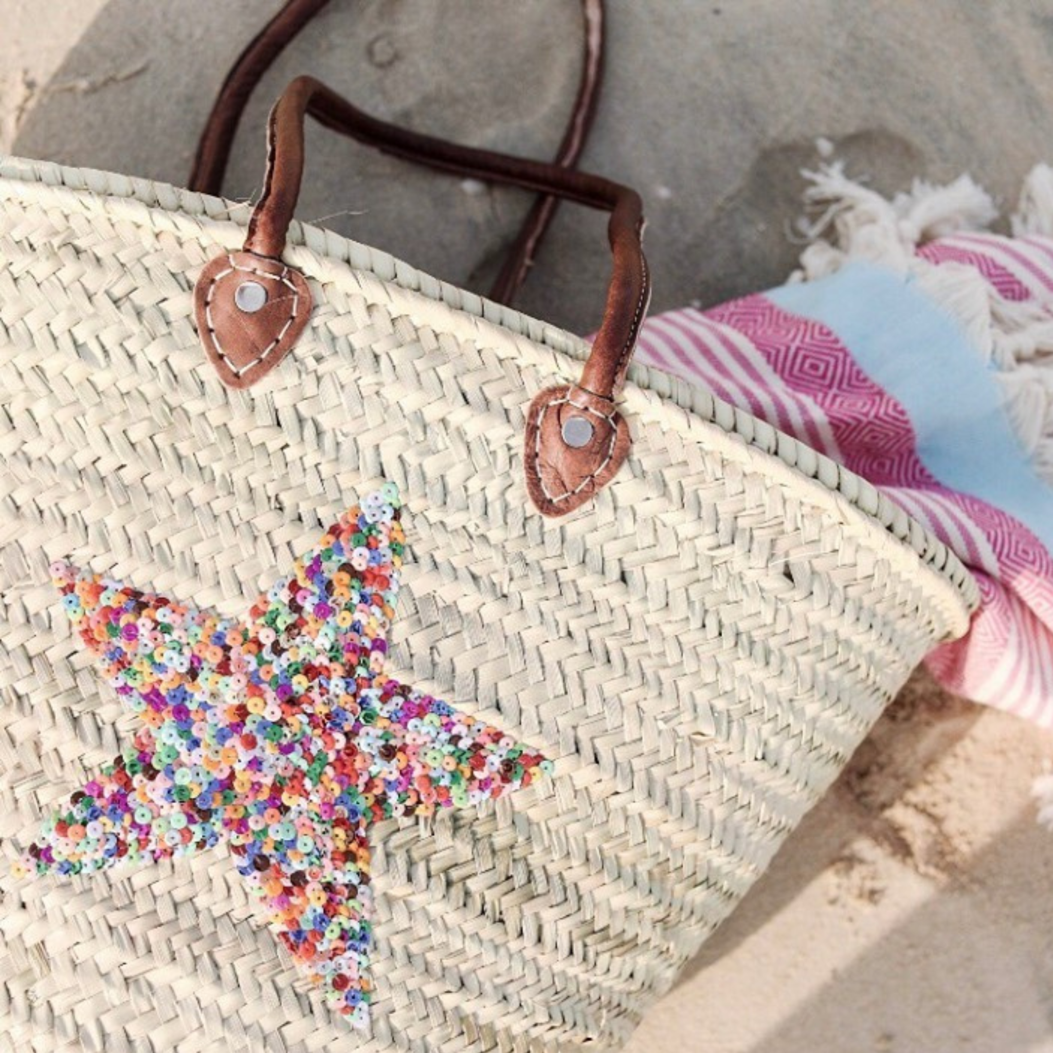Sequin & Wicker Beach Bag Tote with Leather Handle