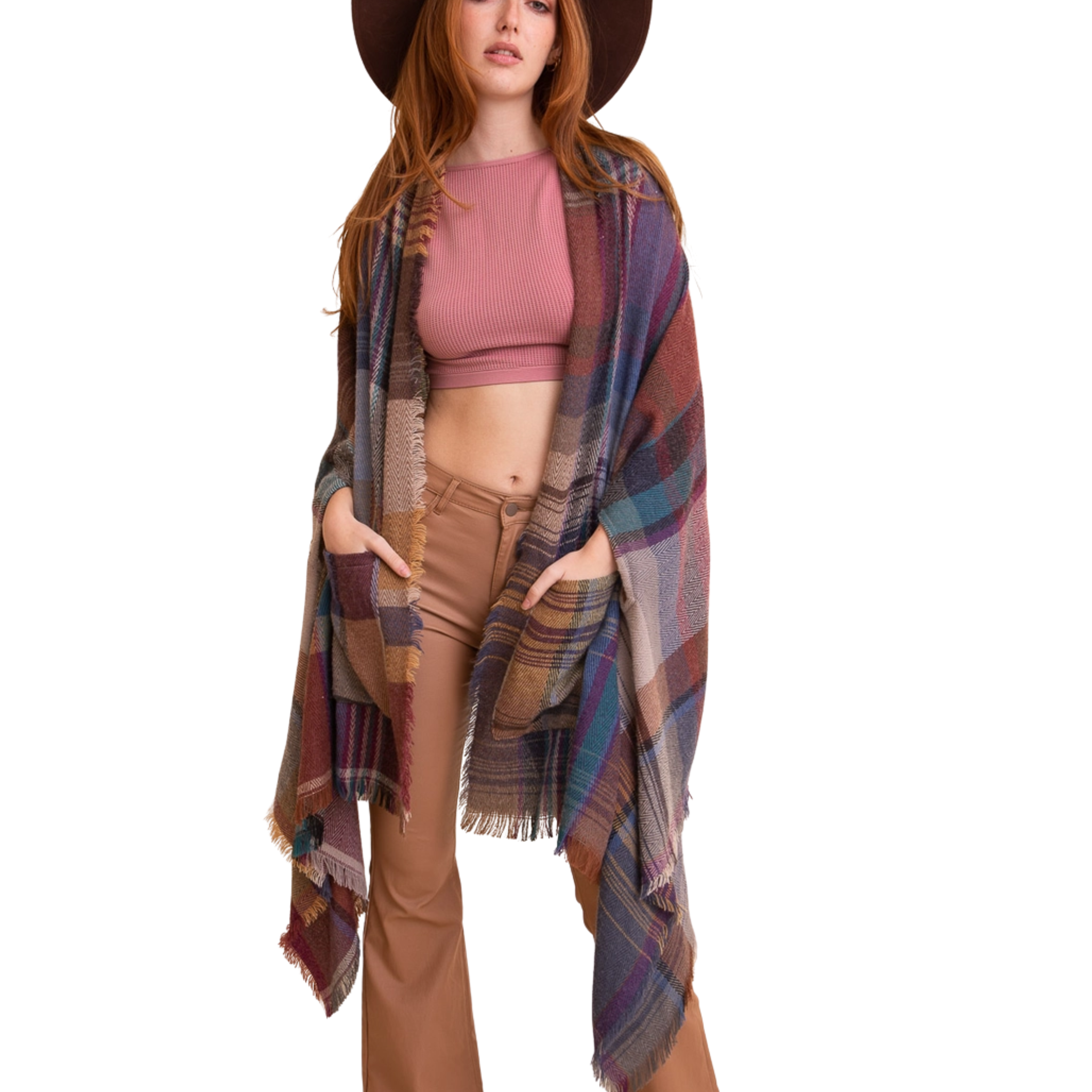 Multicolor Plaid Pocket Ruana