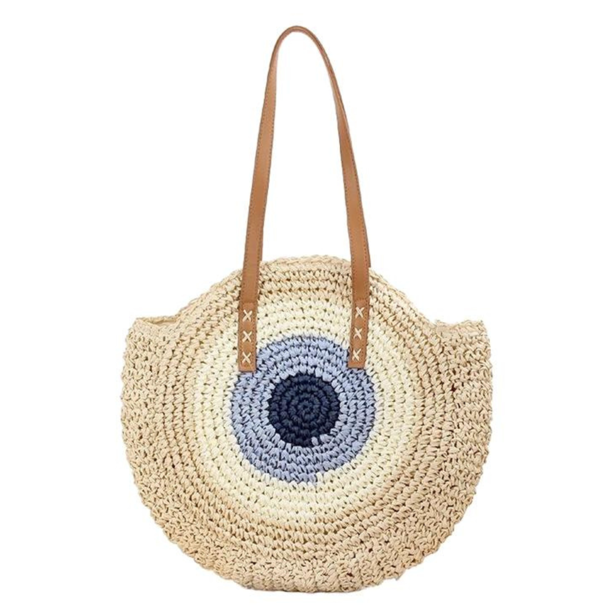 Boho Evil Eye Rattan Wicker Round Beach Tote Bag