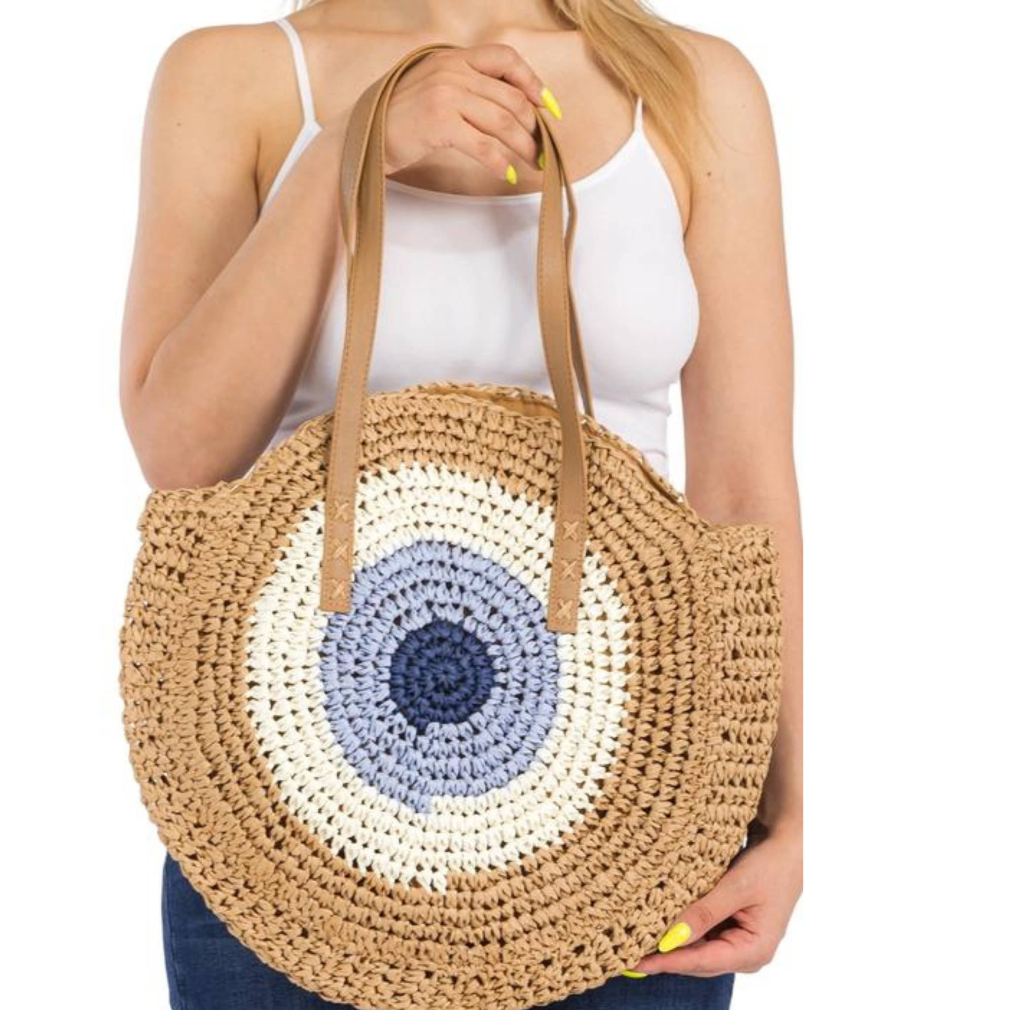 Boho Evil Eye Rattan Wicker Round Beach Tote Bag