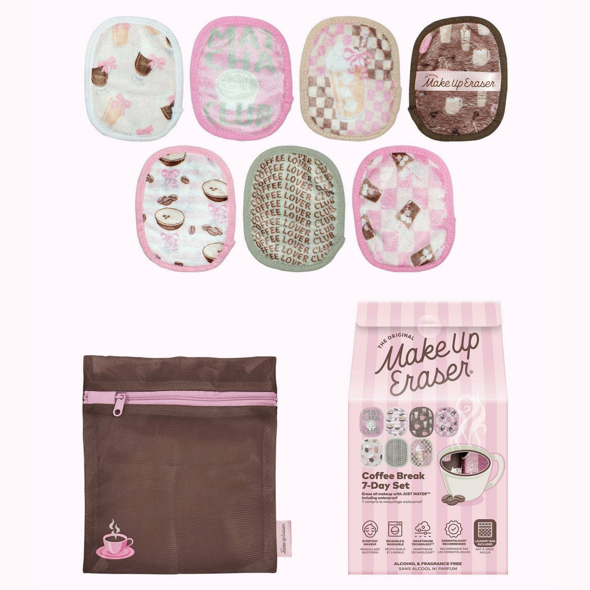 The Original MakeUp Eraser Coffee Break 7-Day Set skincare with bubbles and cleansing cloths in packaging.