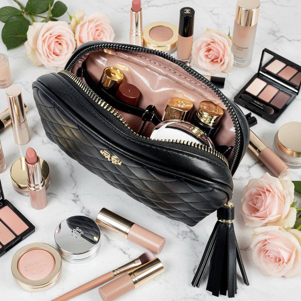 PurseN Glam Makeup Case in quilted design, stylish and functional makeup bag with multiple compartments for cosmetics and beauty tools.