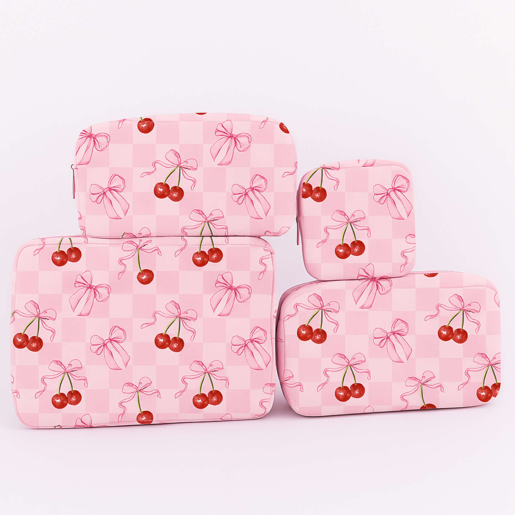 Pink Cherry Bow Nylon Makeup Bags by Lil Darlings featuring a cute cherry print and bow detail, perfect for cosmetics.