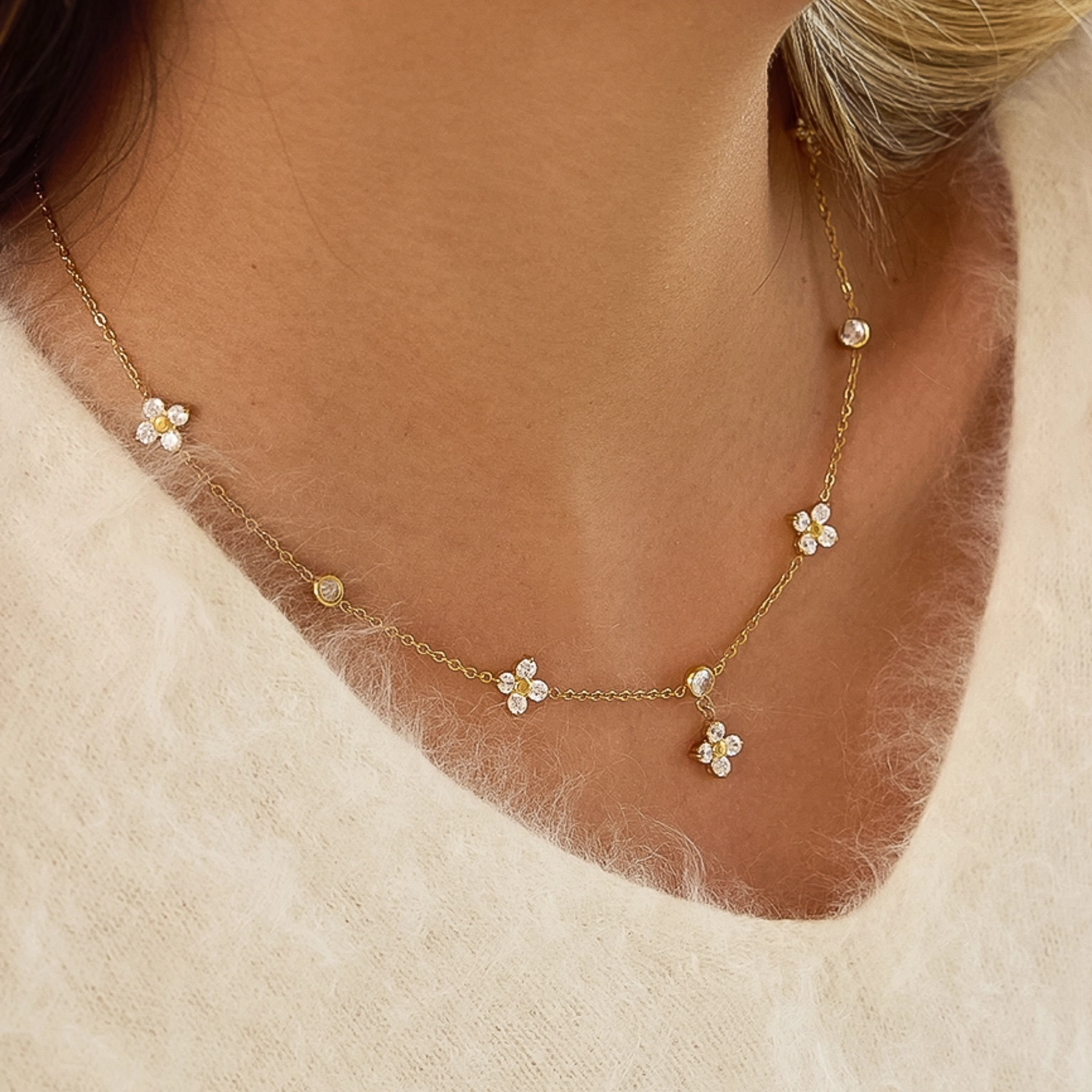 Aveline 18K Gold Non-Tarnish Cz Floral Chain Necklace