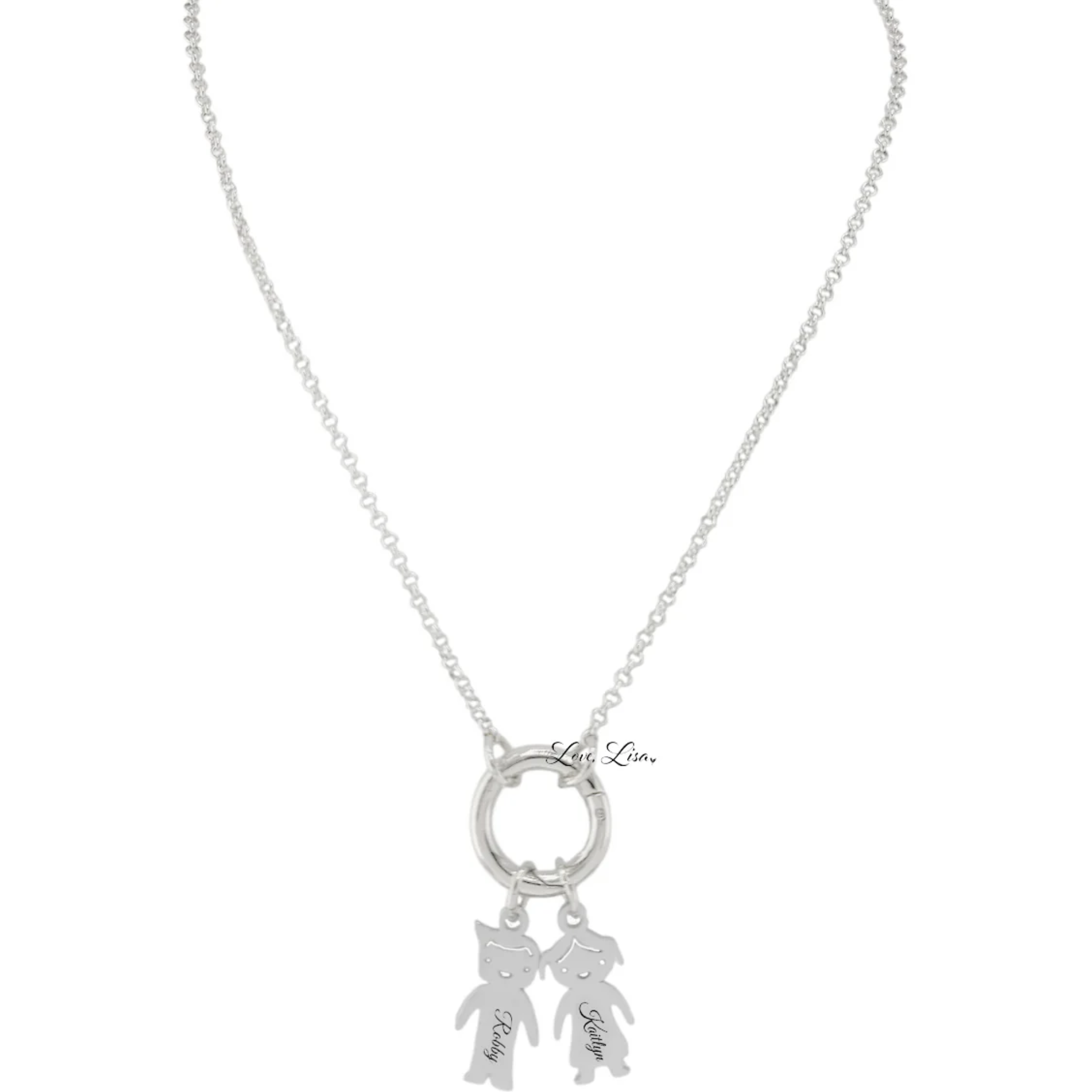 Personalized love lisa grandma kids charm necklace with heart and bow design, showcasing multiple charms.