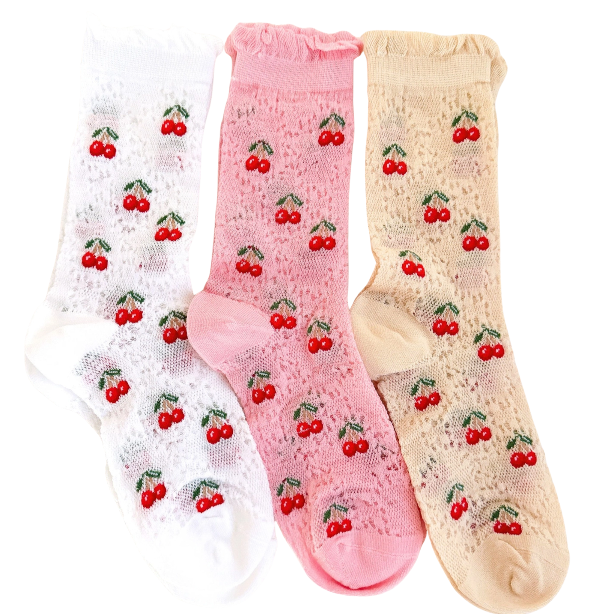 Set of 3 Ellison + Young Cherry Vibe socks featuring playful cherry designs and vibrant colors.