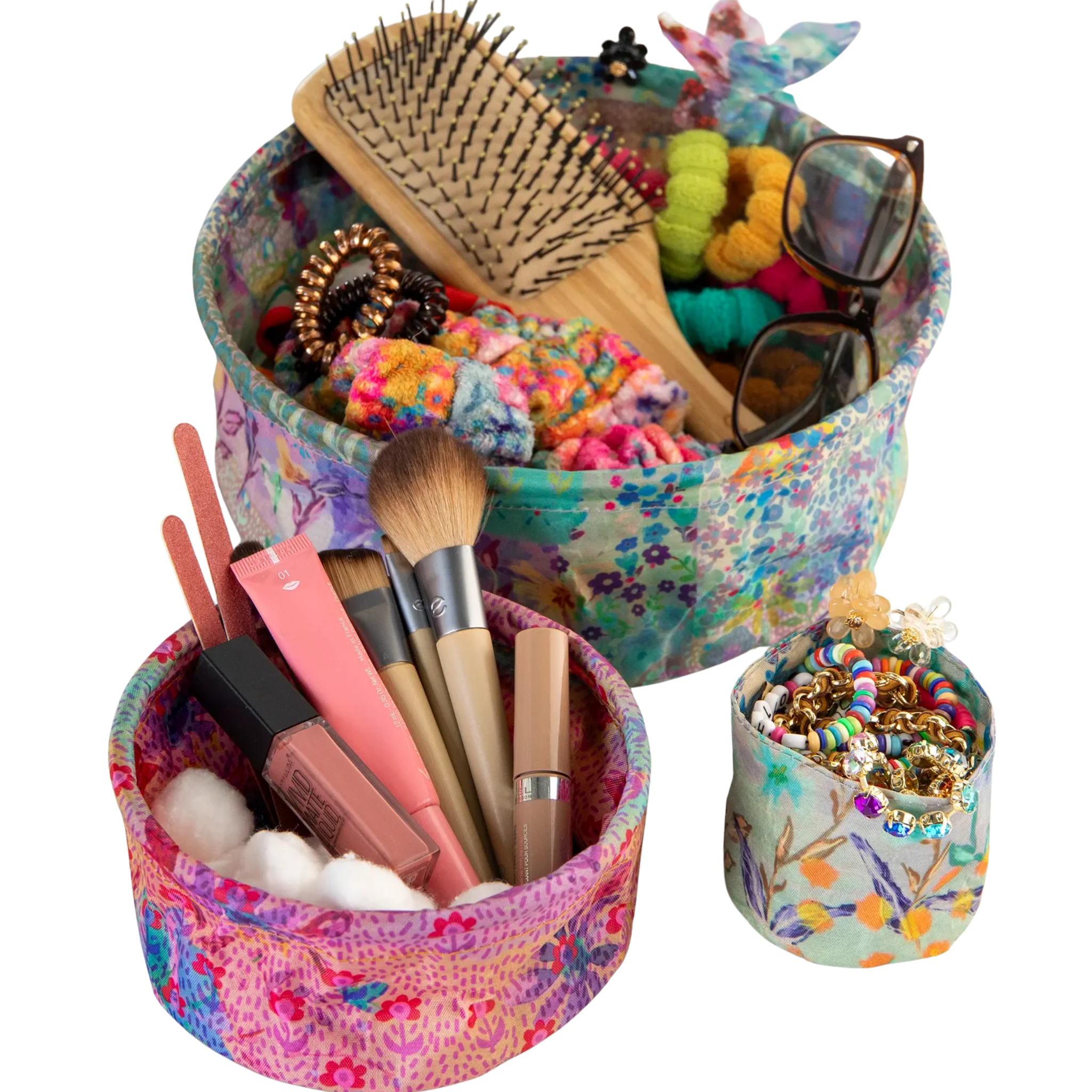 Set of 3 Natural Life mini collapsible storage bins in vibrant colors with heart and bow designs.