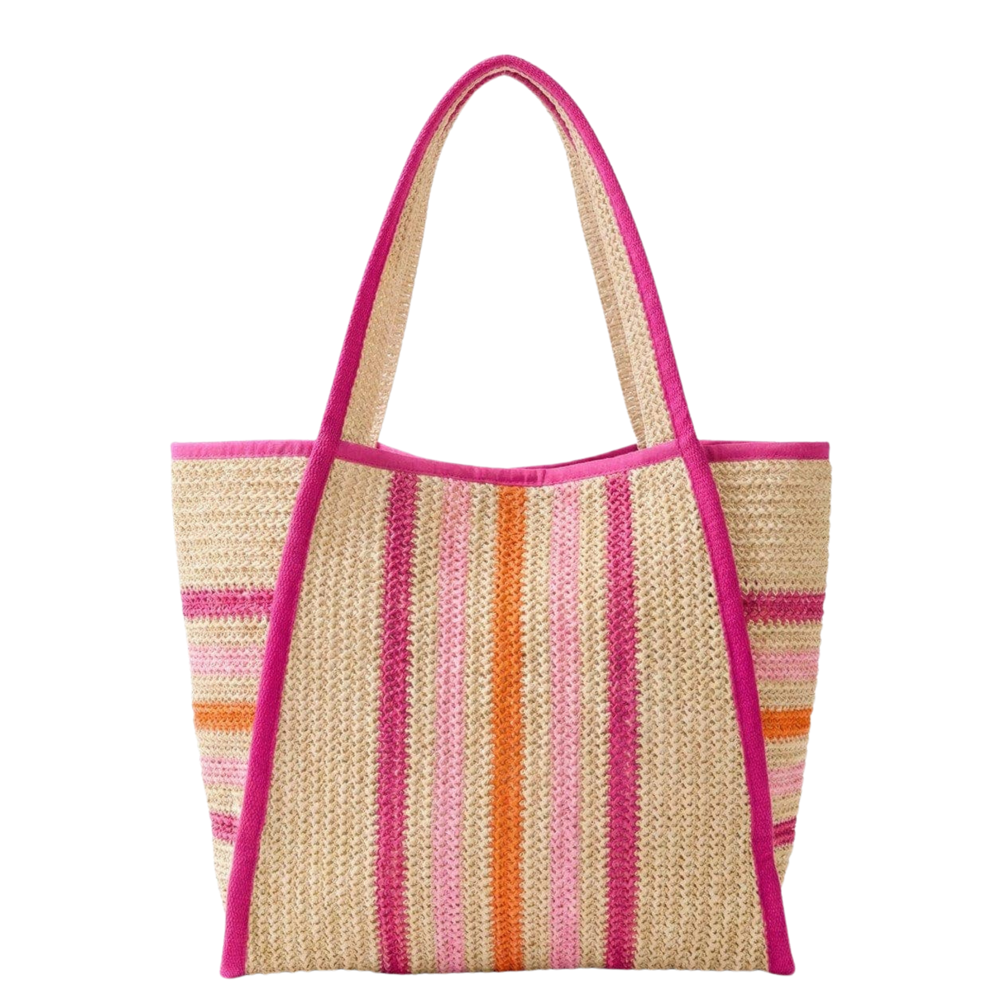 Jennifer multi-color straw beach tote bag with woven design and two sturdy handles. Perfect for summer outings.