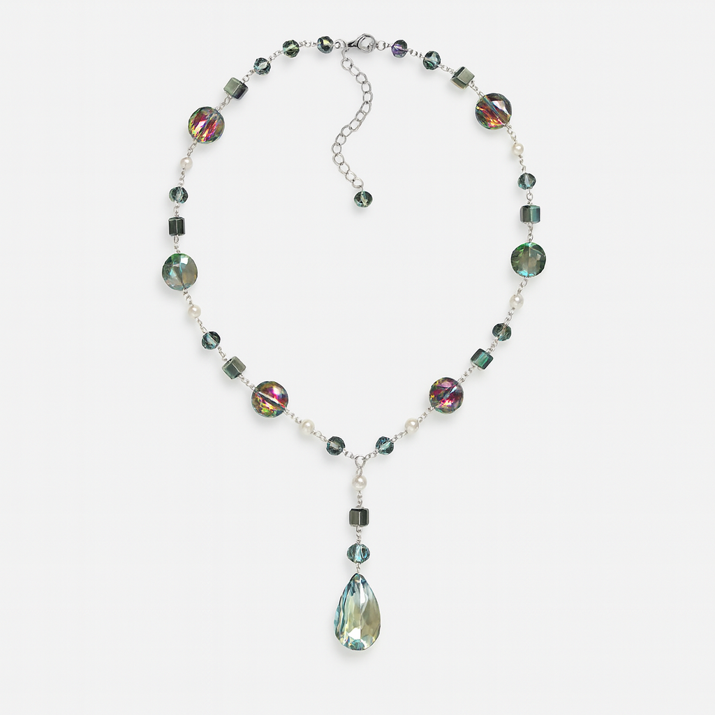 Necklace with multicolored beads and a teardrop pendant on a white background