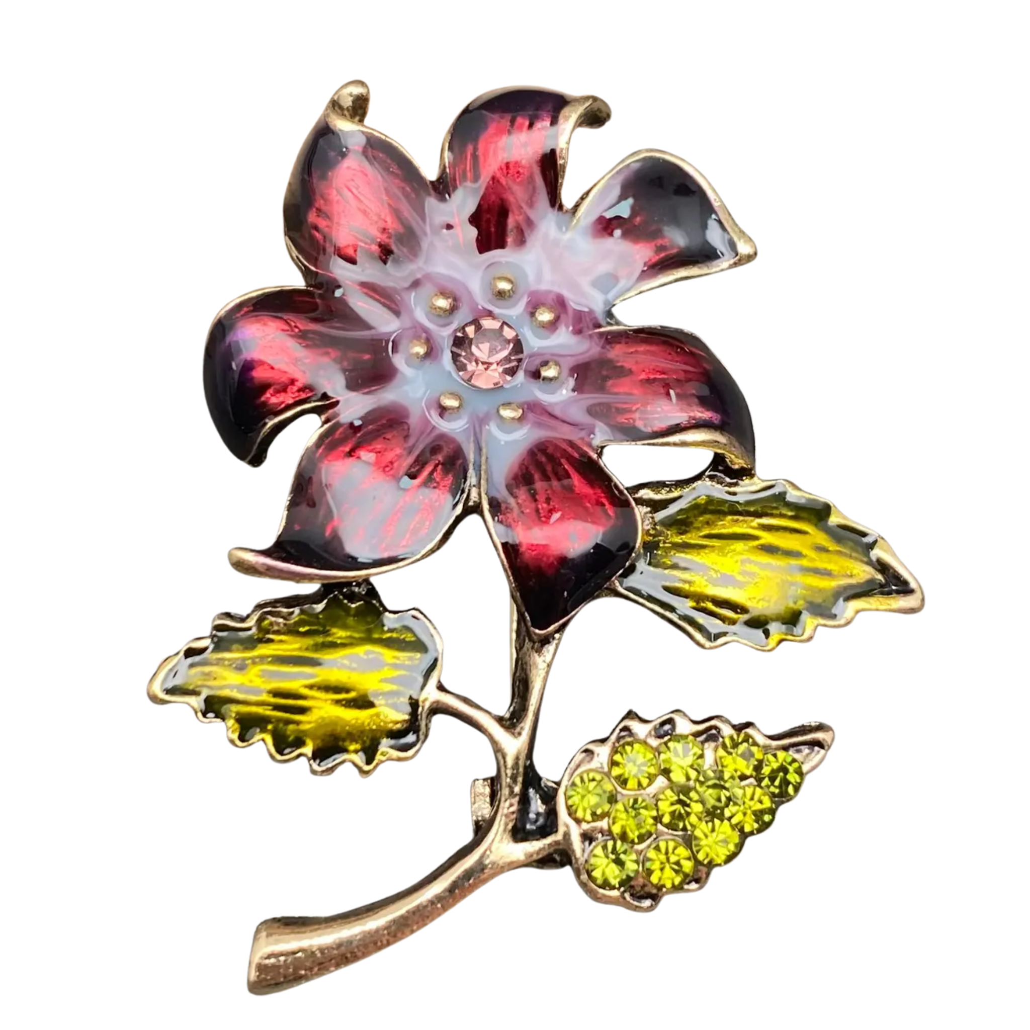 Multicolored rhinestone enamel flower brooch with clip back, designed by private label, showcasing vibrant floral jewelry detail.