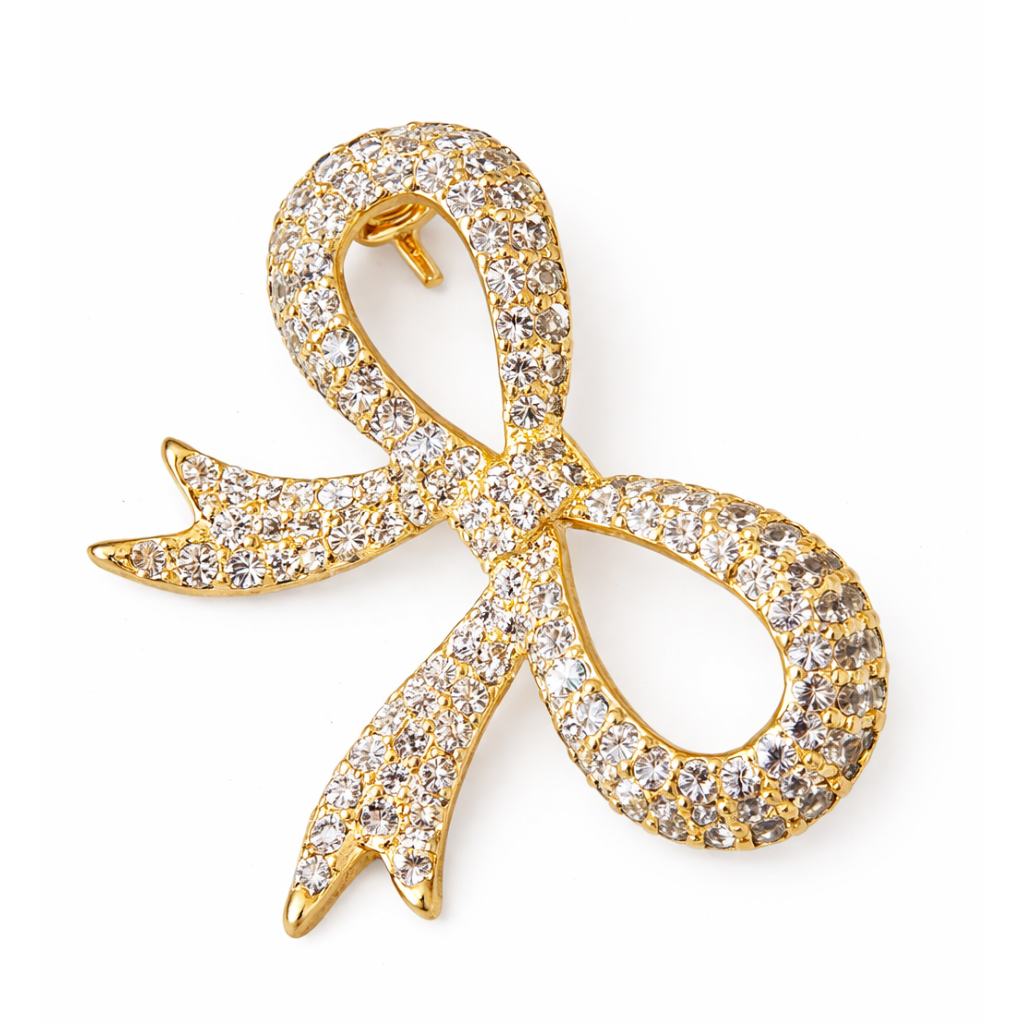 Multicolored crystal bow brooch with gilded accents, featuring a decorative clasp, designed by Private Label.