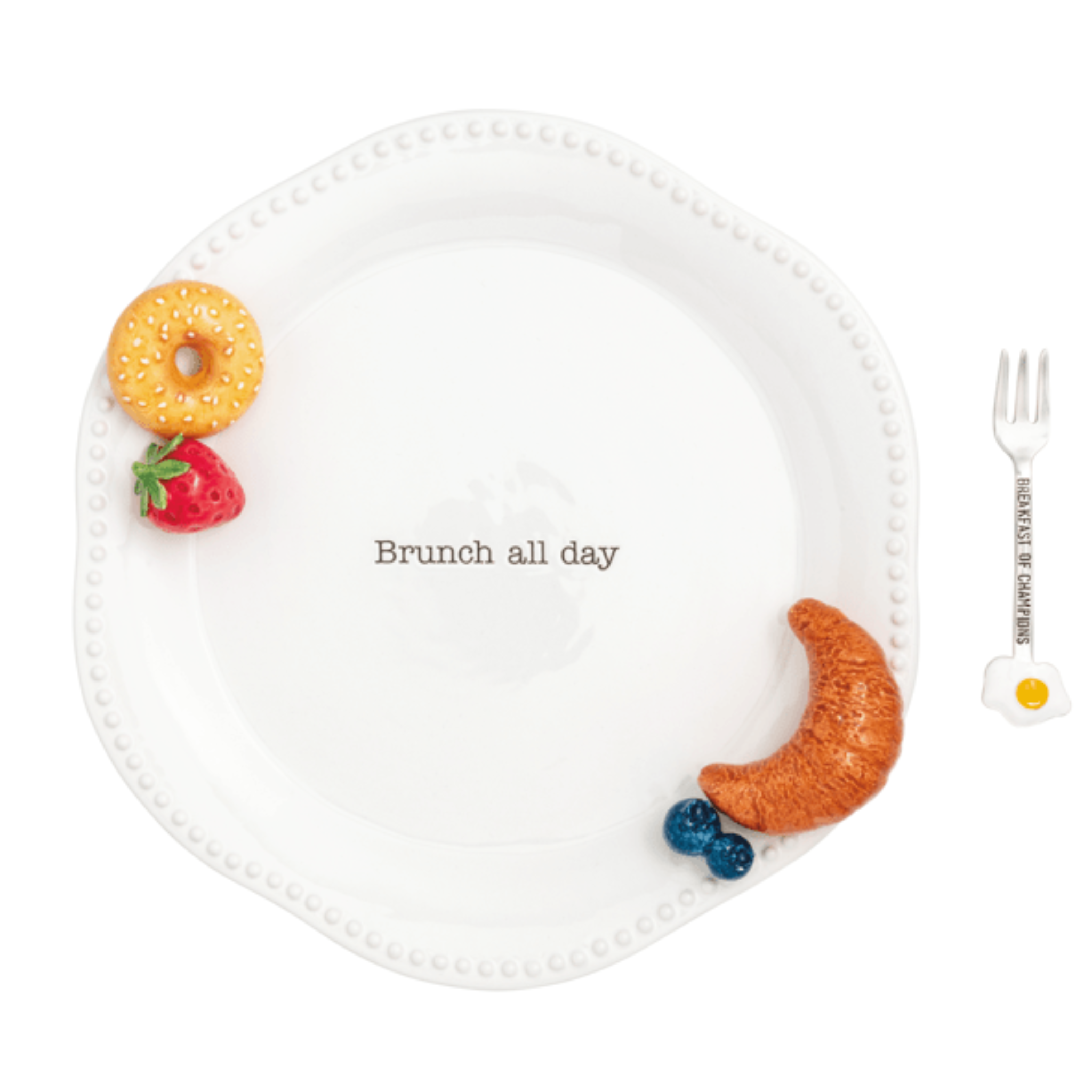 Colorful mudpie Brunch All Day Breakfast Platter Set giftware with multiple breakfast-themed ceramic pieces on a white background.
