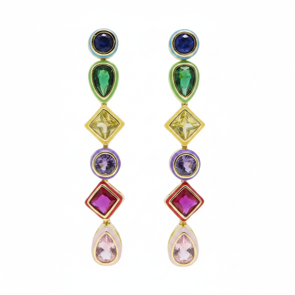 Colorful multi-jewel drop earrings by Private Label featuring vibrant, sparkling gemstone accents and elegant dangling design.