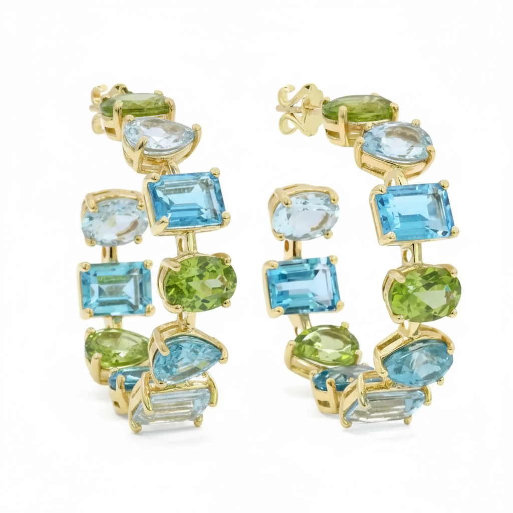 Blue and green jeweled hoop earrings with multicolor design, featuring sparkling gemstones and gold-tone metal.