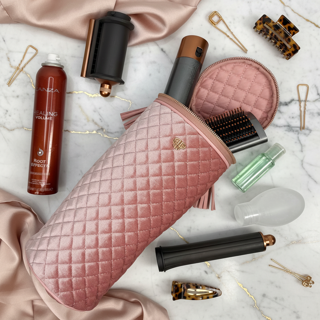 PurseN blush velvet hot tools holder, a stylish cosmetic bag with a soft, plush exterior for organizing beauty tools.