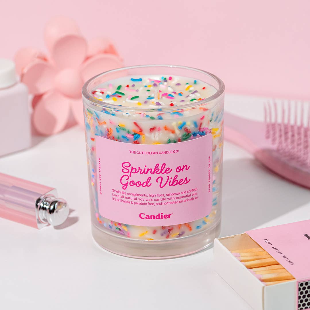 Candier Sprinkle Good Vibes soy wax jar candle with colorful label, perfect for home decor and creating a cozy atmosphere.