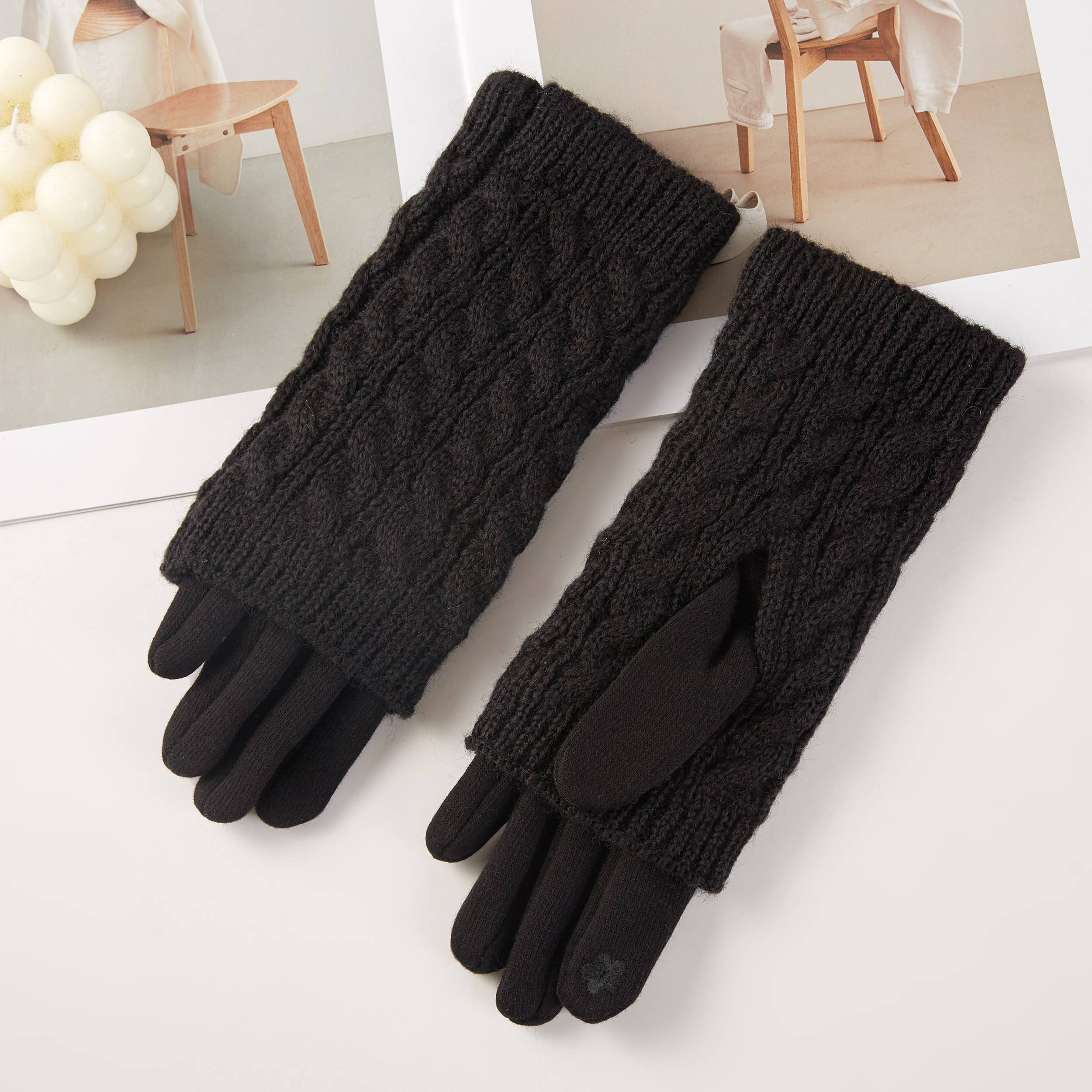 3 in 1 Cable Solid Knit Textured Winter Gloves