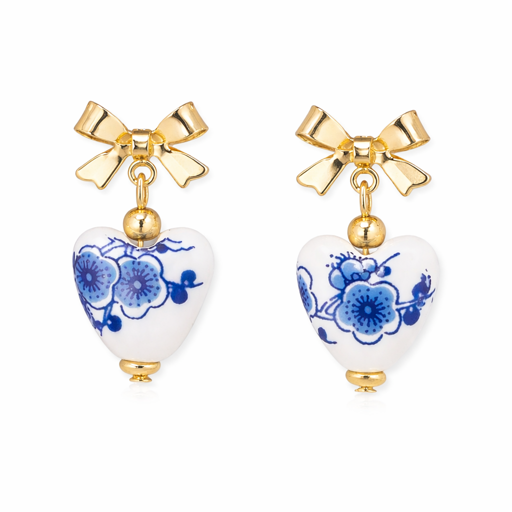 Gold Bow Ceramic Blue Heart Drop Earrings