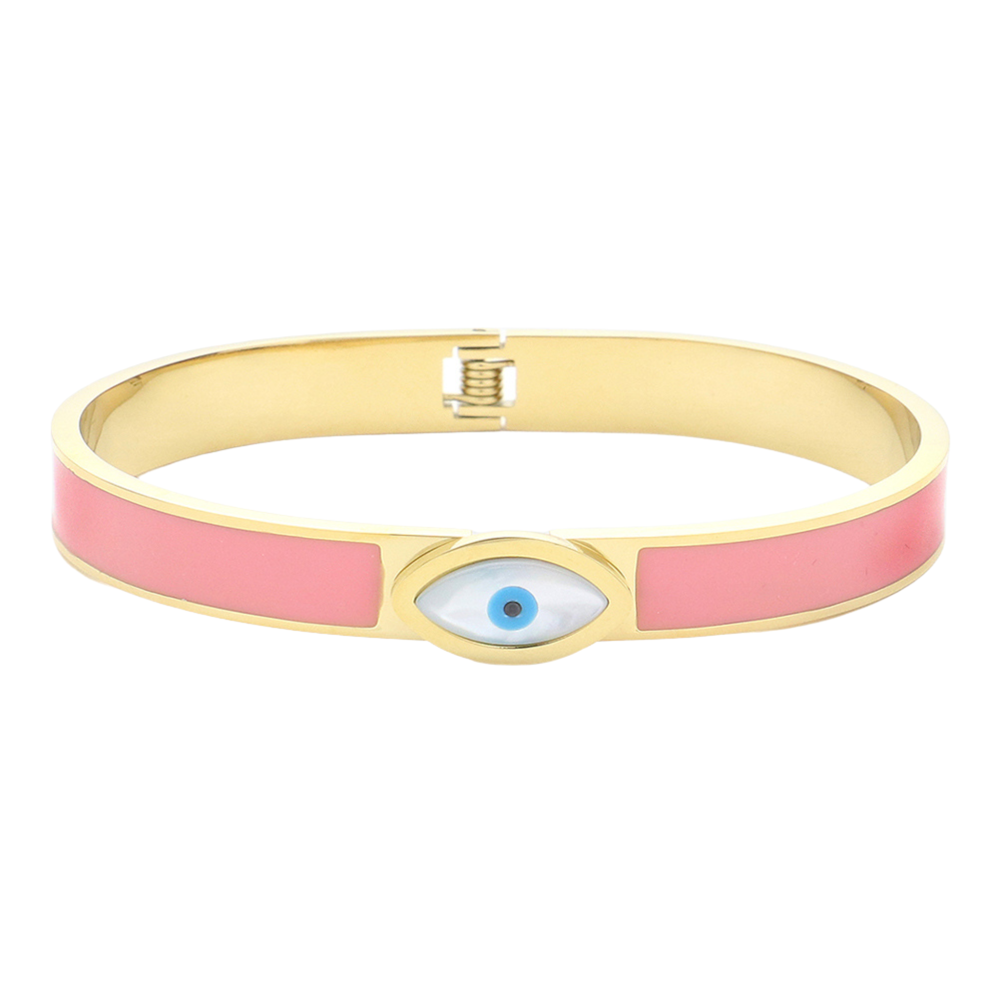 Pink Geometric Evil Eye Accented Stainless Steel Hinged Bracelet