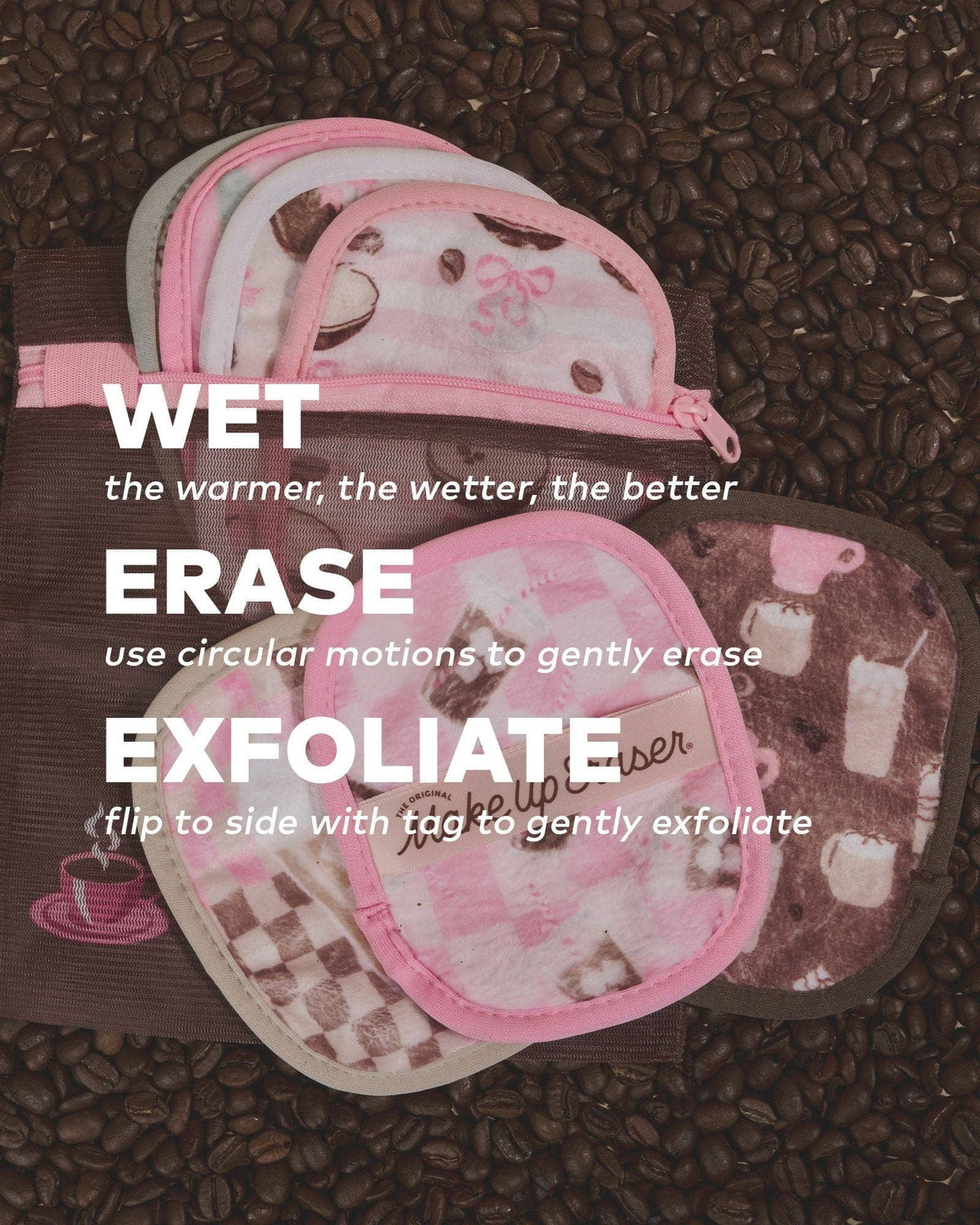 The Original MakeUp Eraser Coffee Break 7-Day Skincare Set with reusable cloths and skincare products on a white background.