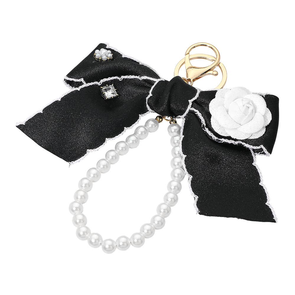 Flower Rhinestone Accent Pearl Loop Bow Keychain Bag Charm