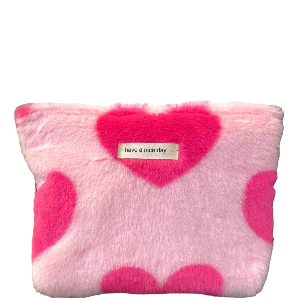 Have A Nice Day Faux Fur Heart Makeup Pouch