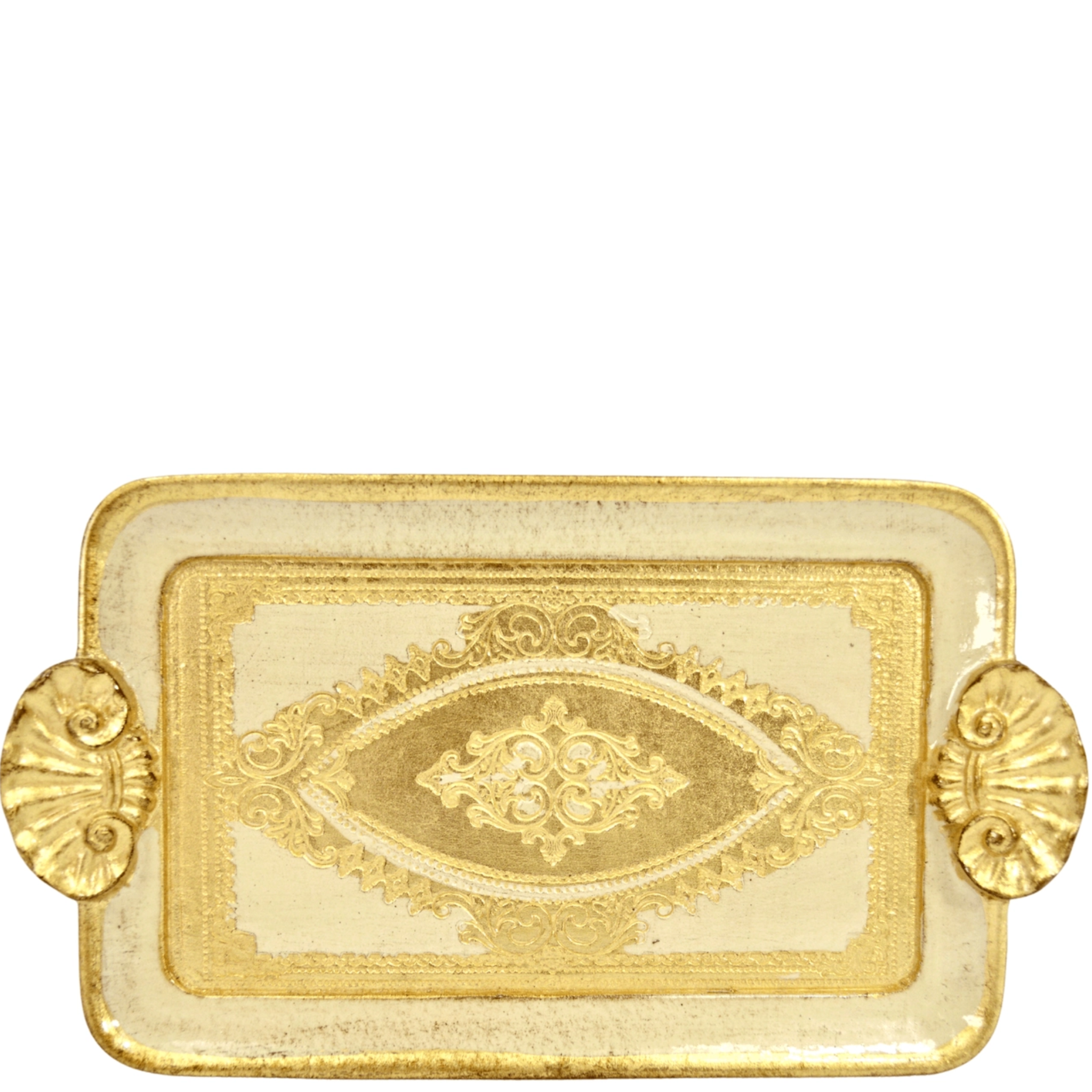 Florentine Carved Wood Rectangle Mini Tray with Shell Handle