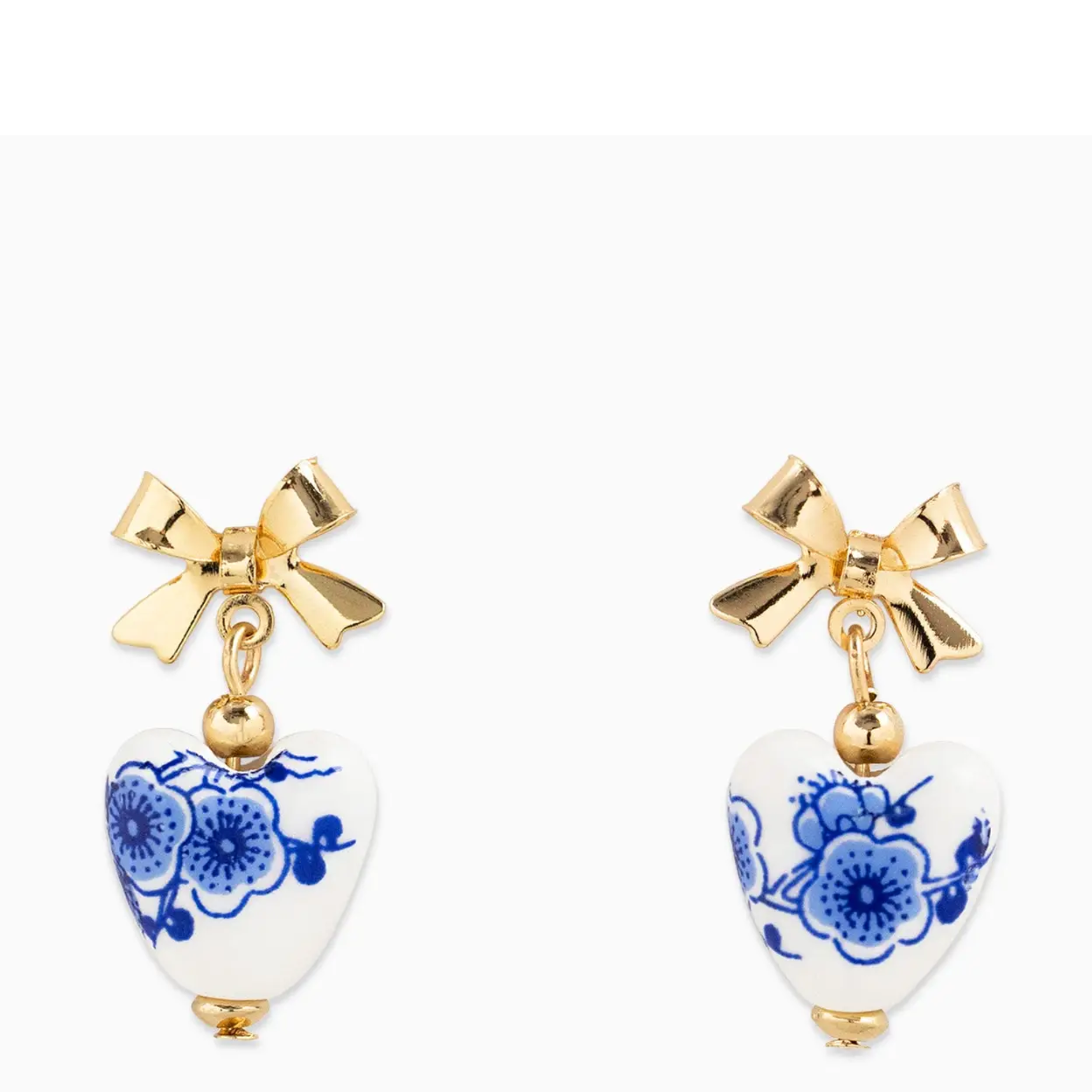 Gold Bow Ceramic Blue Heart Drop Earrings