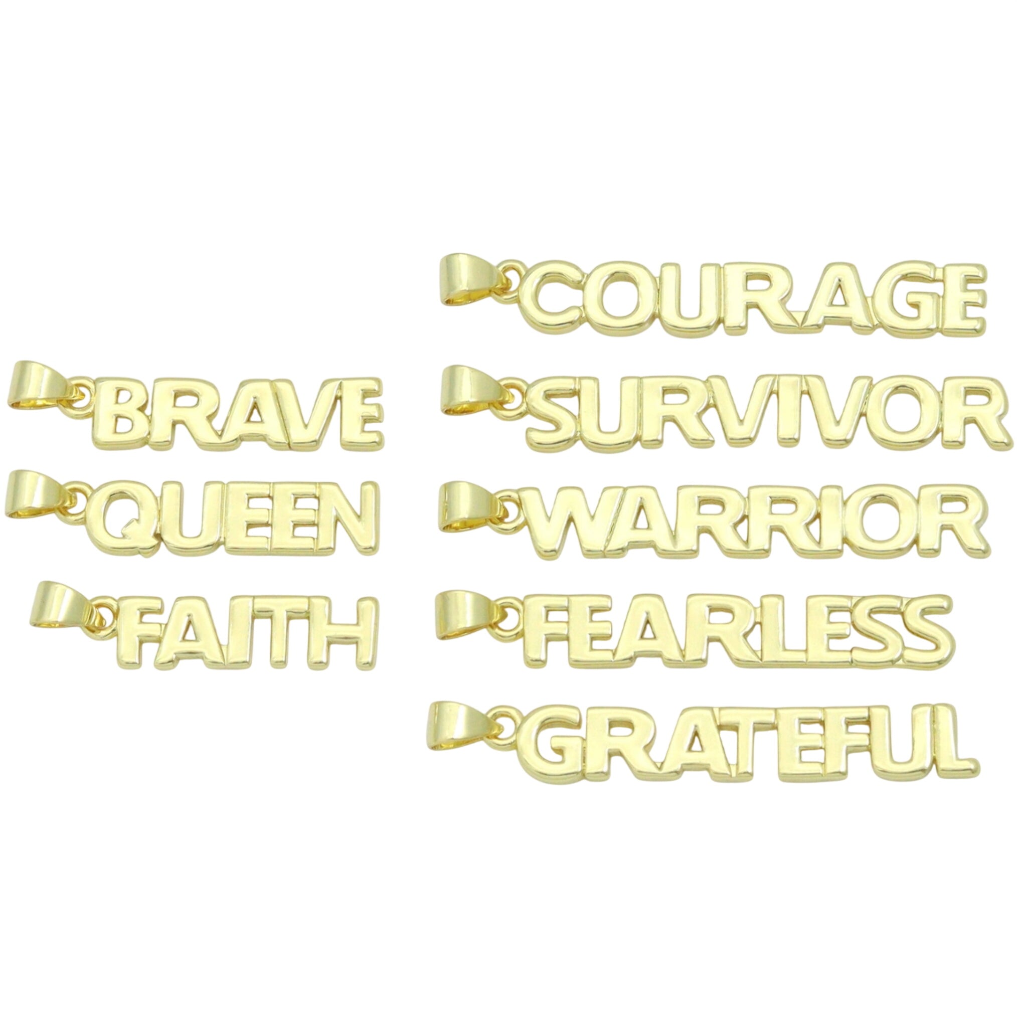 Empowerment Word Charms Collection featuring various inspirational charms on a display.
