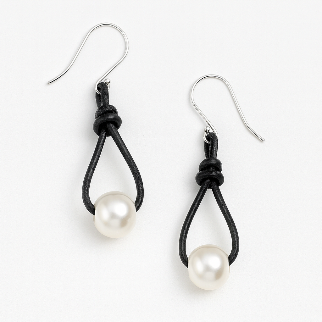 Fine Pearl Leather Hoop Earring
