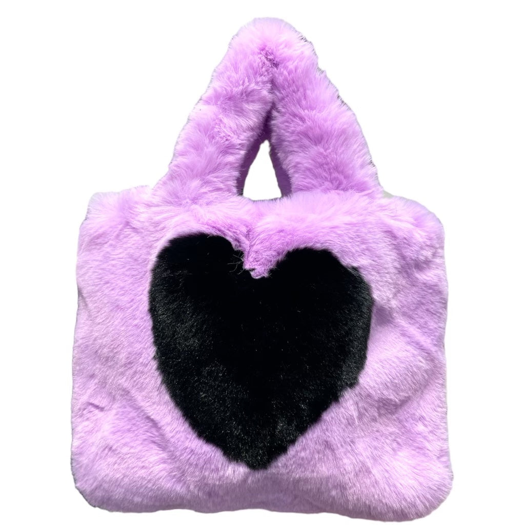 Faux Fur Heart Tote with Chain Crossbody Strap
