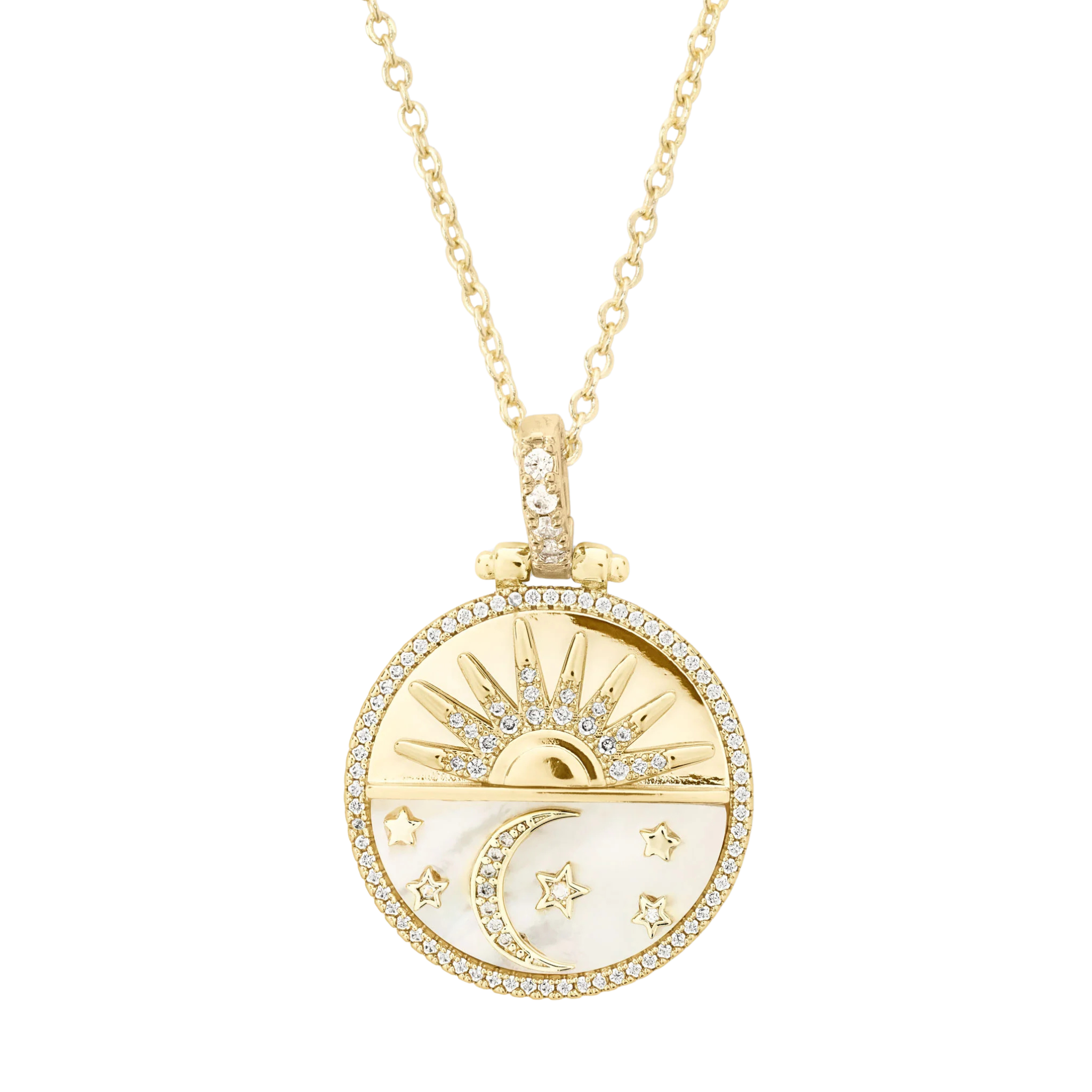 Gold New Beginnings Medallion Necklace by Melinda Maria with white Diamondettes, featuring a wide Cuban link chain.