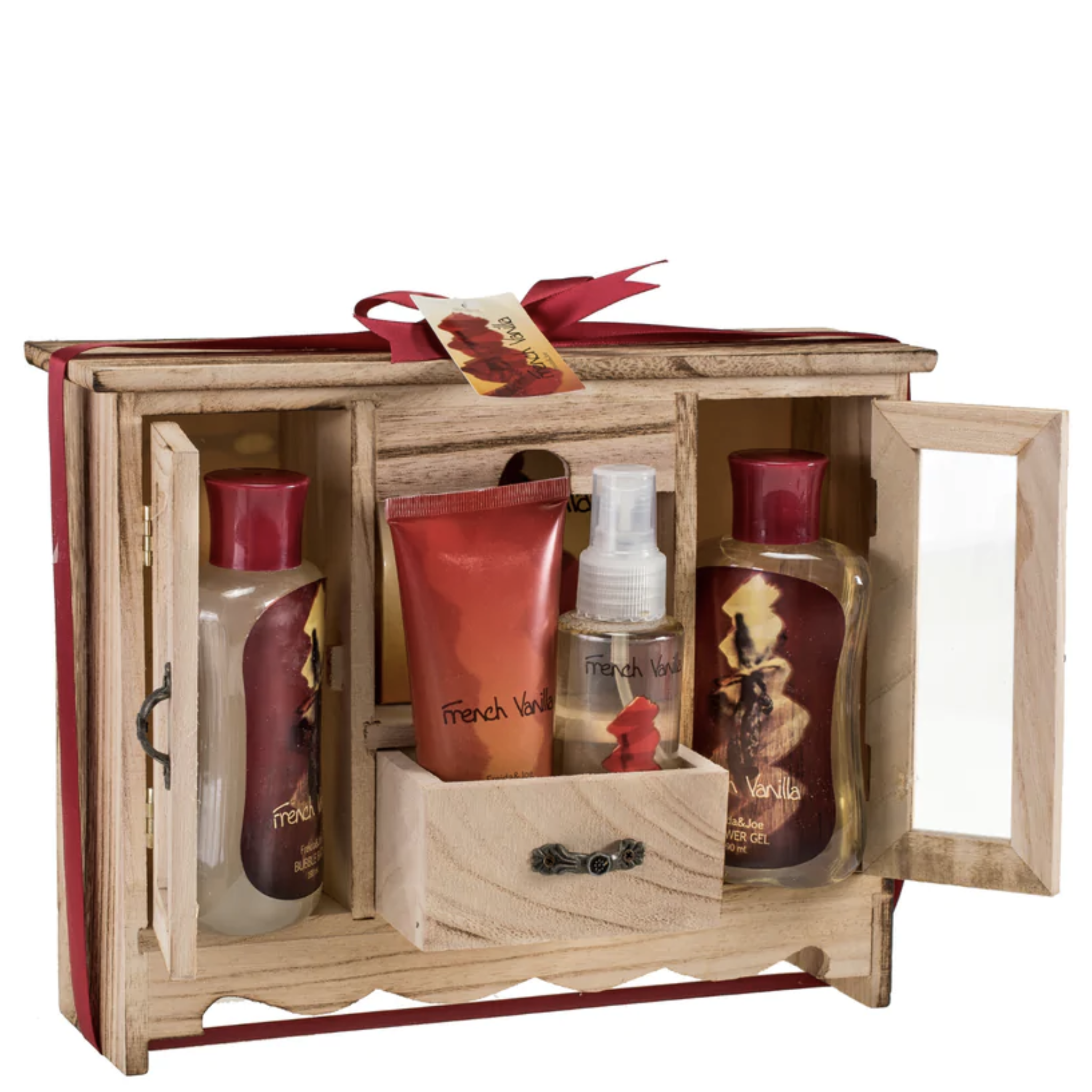 French Vanilla Spa Bath Gift Set in Natural Wood Curio With Refreshing Skin Care Products