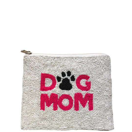 Beaded Coin Purse Saying Dog Mom in Hot Pink