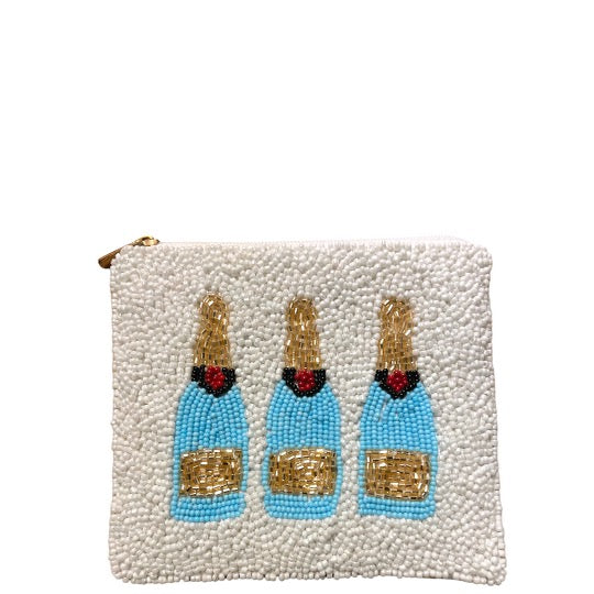 White Beaded Coin Purse with 3 Blue & Gold Champagne Bottles